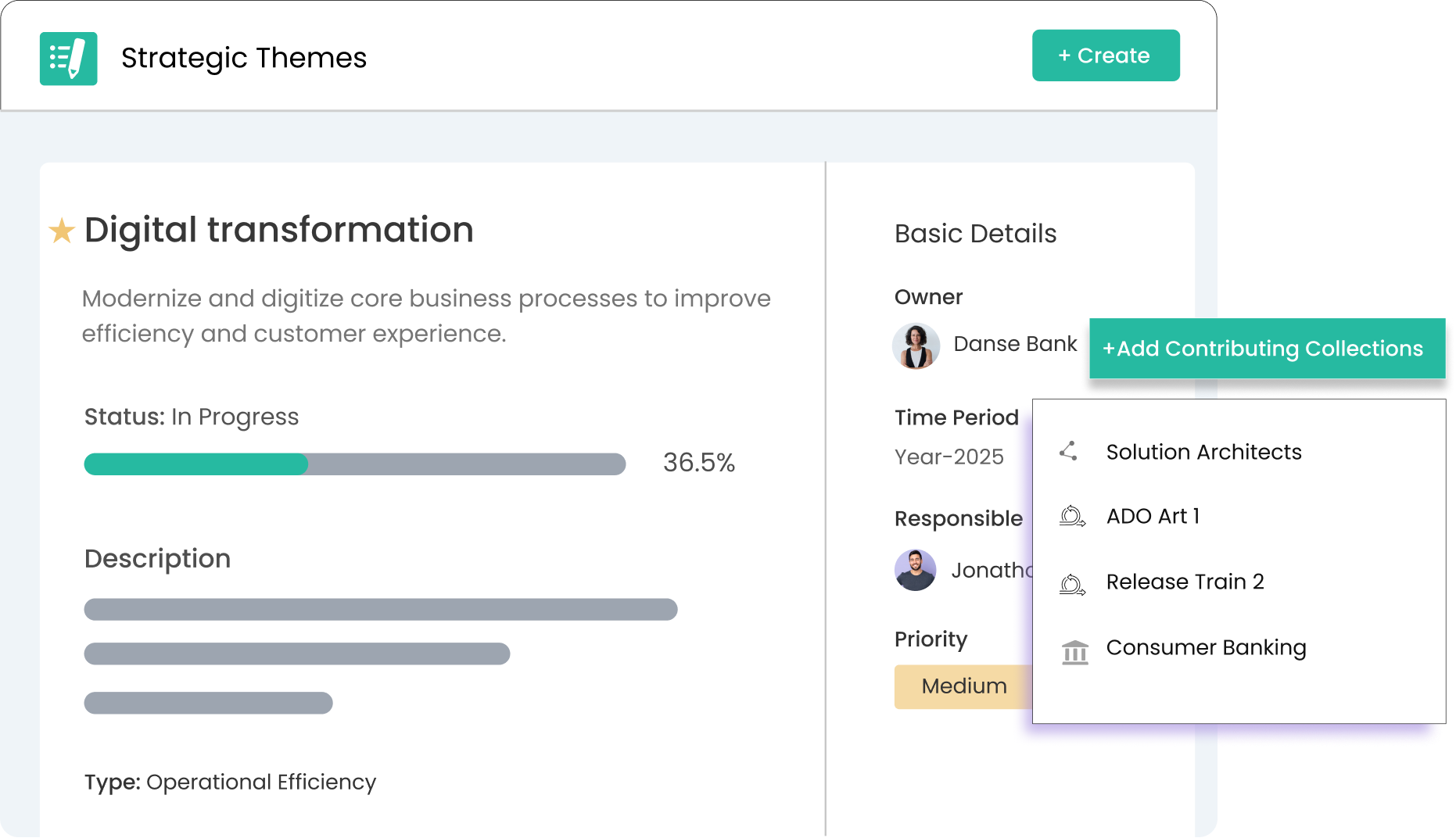 Image showing a strategic theme in kendis with progress details, owner, individual responsible and contributing collections pop-up