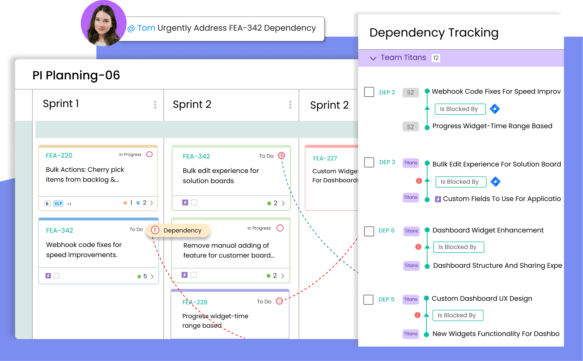 Dashboard view of a PI Planning board showing sprints with feature cards and visual dependency lines connecting tasks.