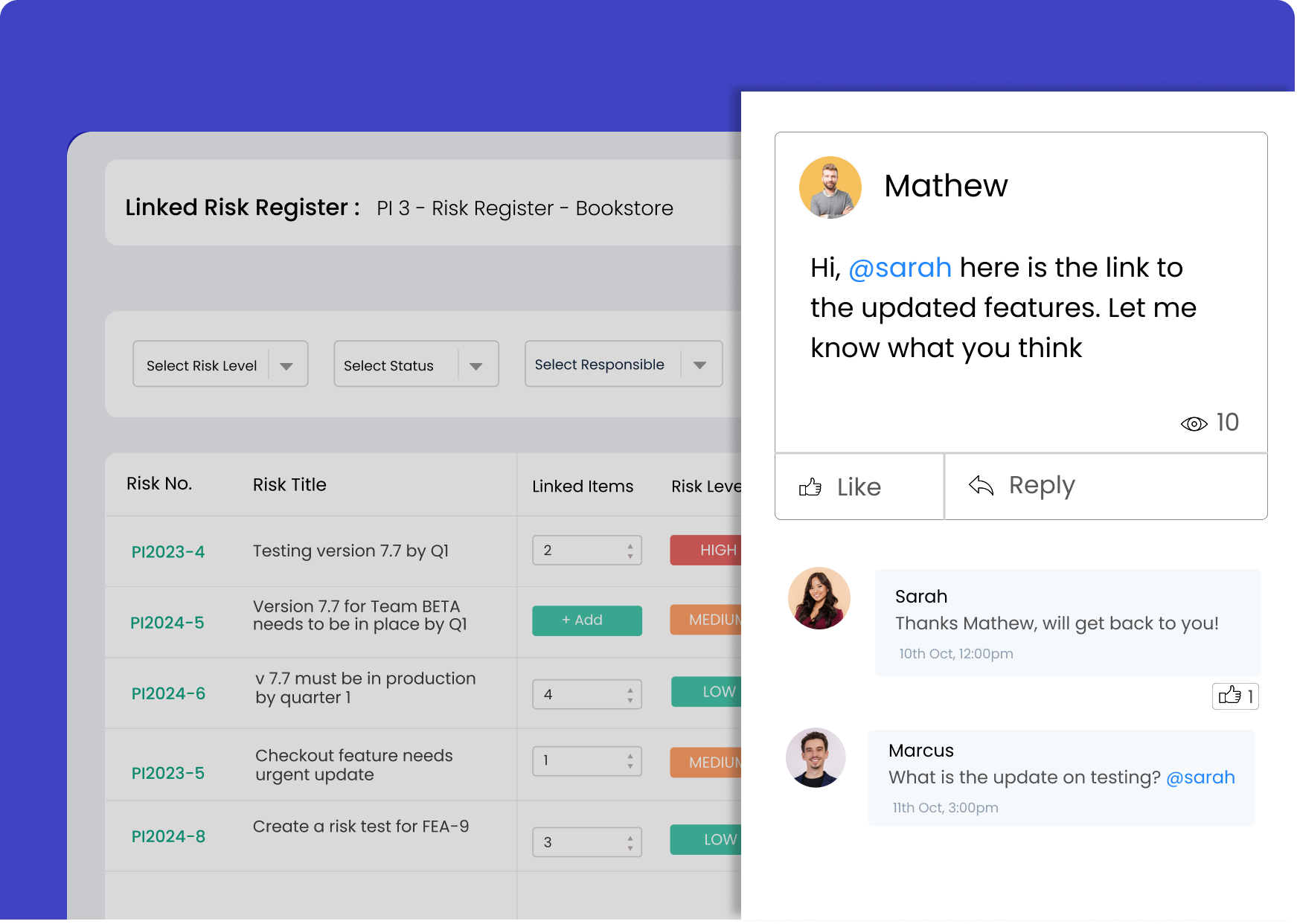 Kendis Risk Register displaying communication between team mates about features associated with a risk