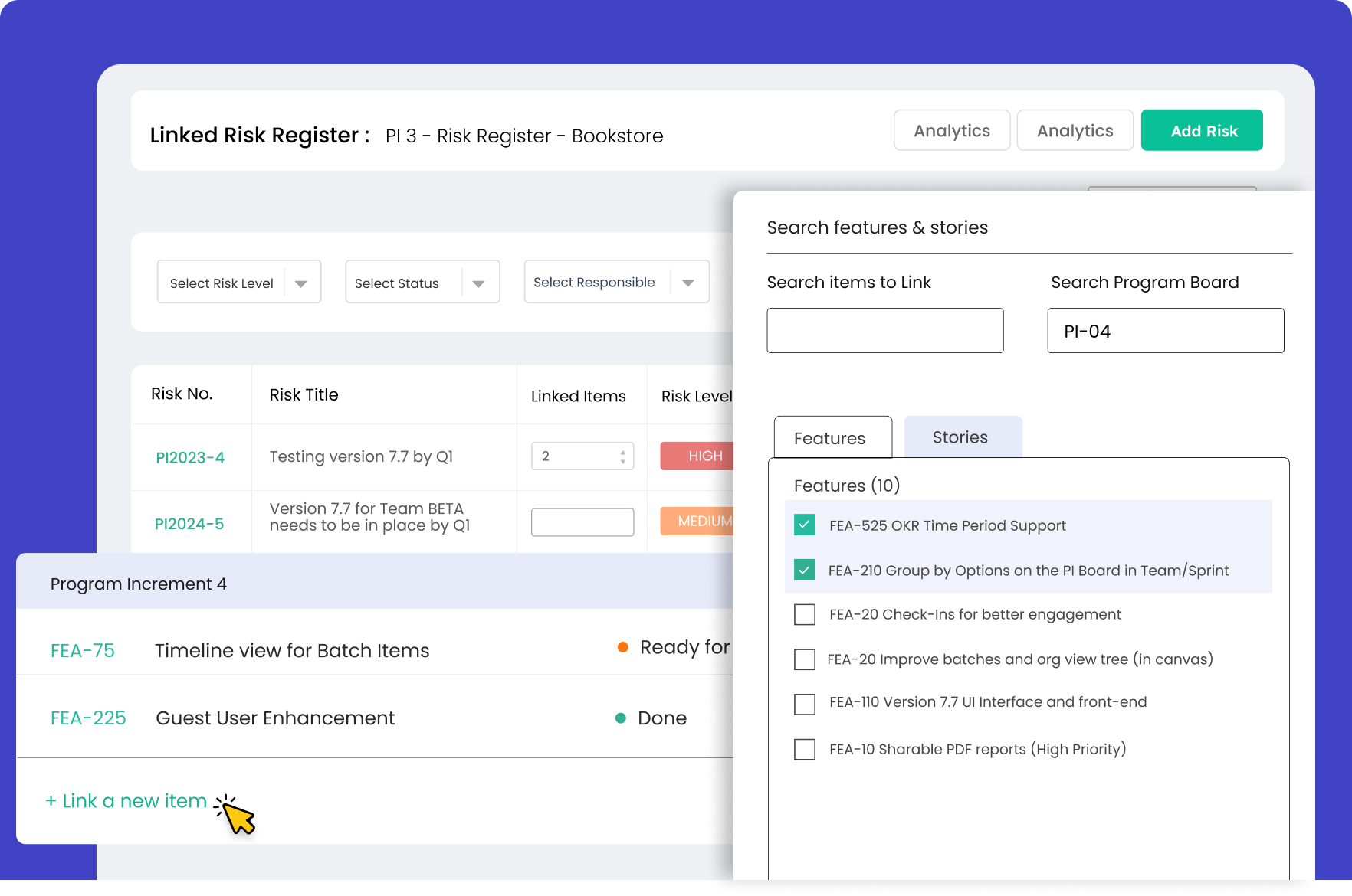 Kendis Risk Register Dashboard with associated feature dependencies and program increment details 