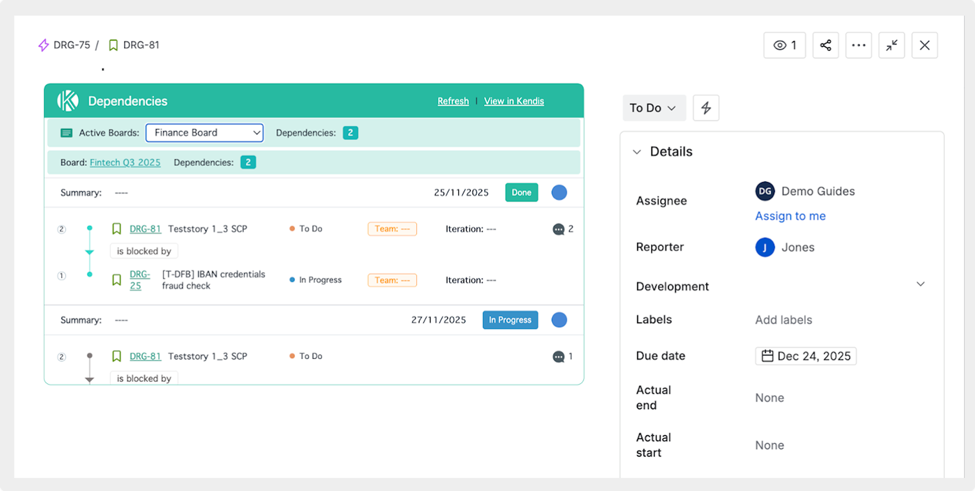 Kendis dependencies displayed within Jira Cloud showing summary, dependency status, progress and assignees. 