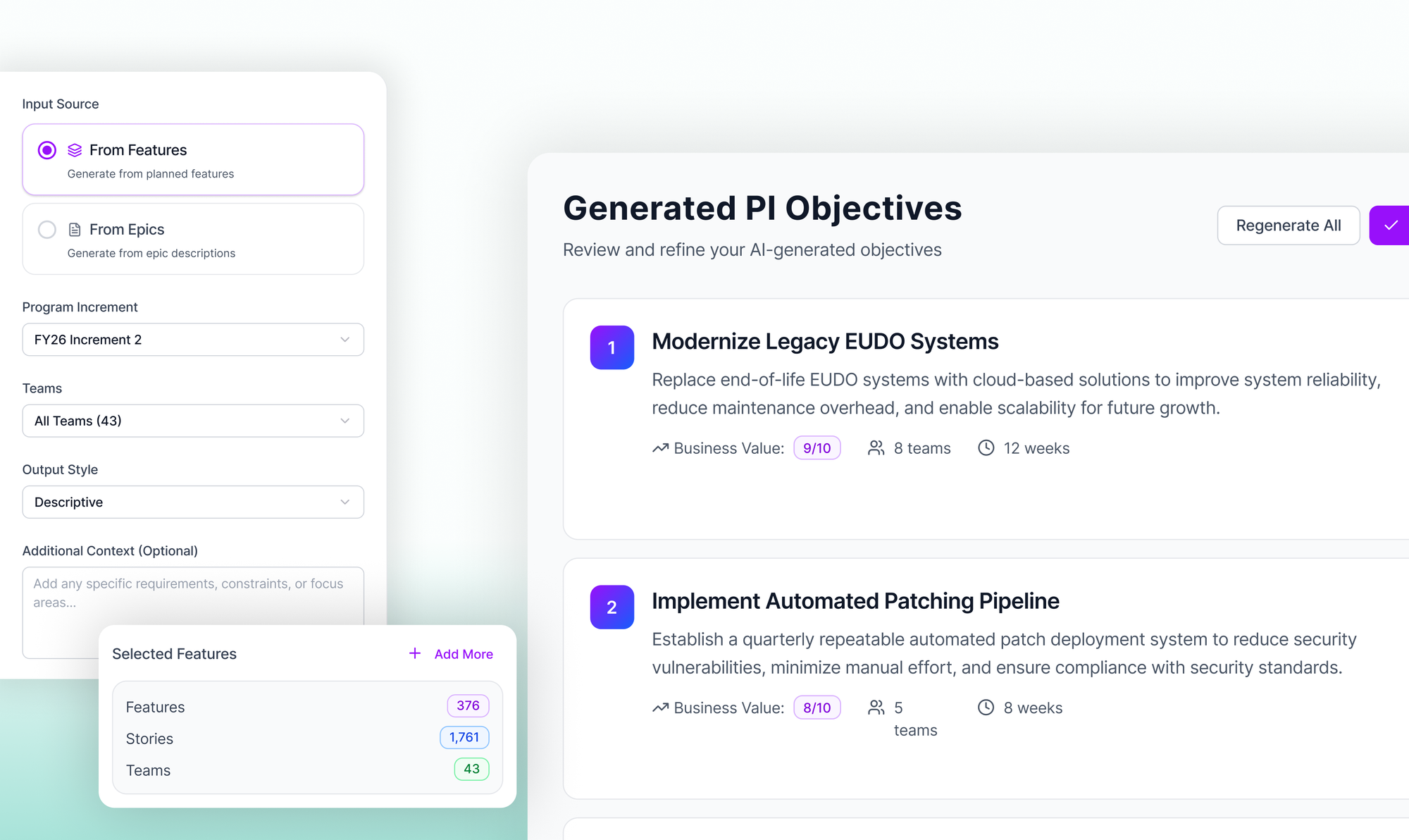 Kendis AI dashboard displaying AI-Powered Objectives Creation from features and epics 