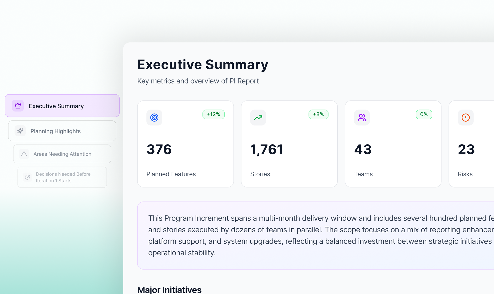 Kendis AI-Powered PI Planning Report that summarizes planned features, stories, planning highlights and areas needing attention 