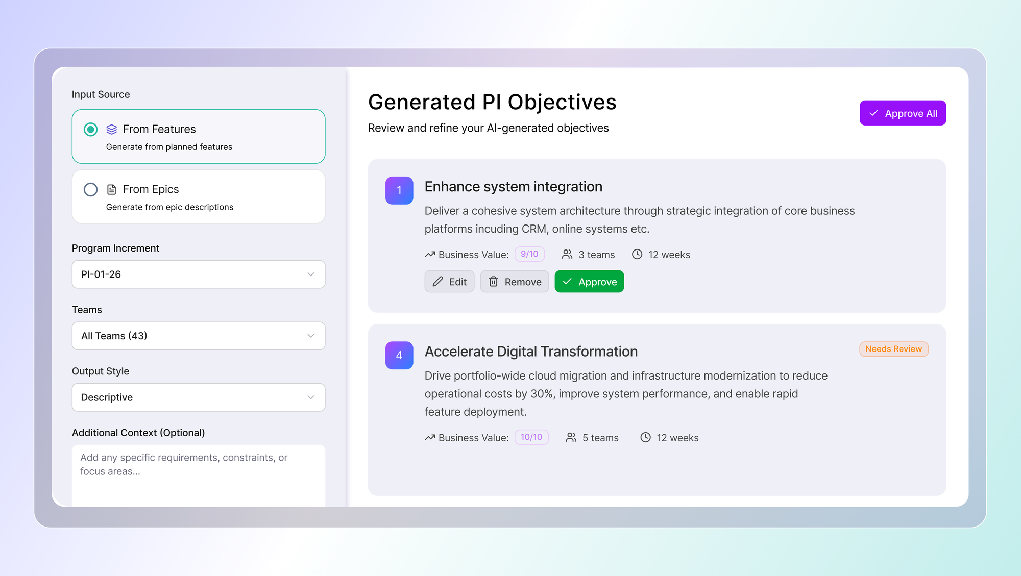 The image displays Kendis AI powered objectives dashboard that allows creation of PI objectives directly from features or epics