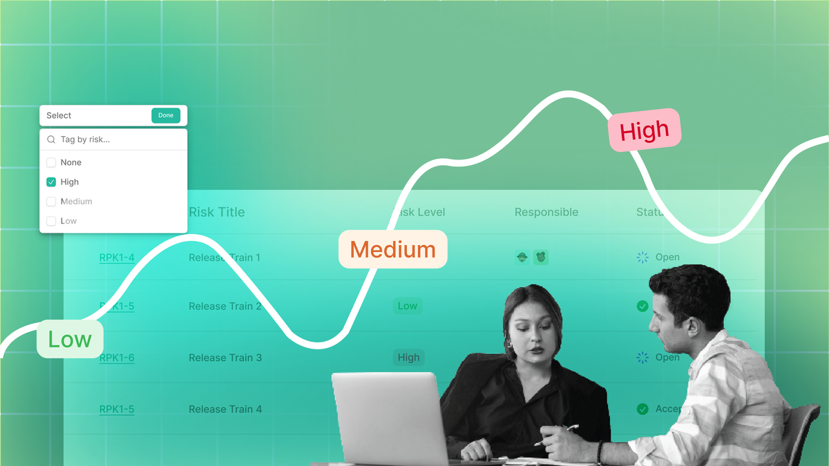 “A dashboard-style risk management screen showing a list of risks across multiple release trains, labeled with different risk levels such as Low, Medium, and High.