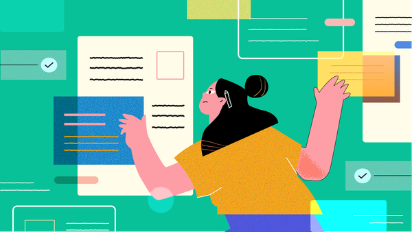 Abstract illustration of a woman arranging digital task cards, symbolizing prioritization and strategic planning workflows.