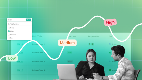 “A dashboard-style risk management screen showing a list of risks across multiple release trains, labeled with different risk levels such as Low, Medium, and High.