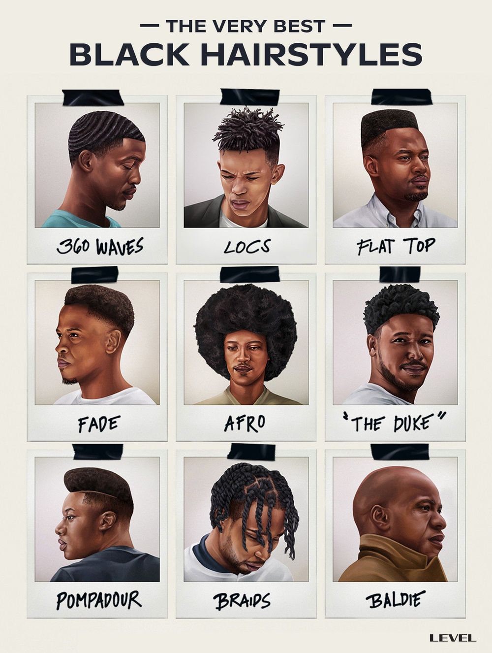 Realistic drawings of The Best Black Hair Styles (Including 360 Waves, Locs, Flat Top, Fade, Afro, "The Duke", Pompadour, B 