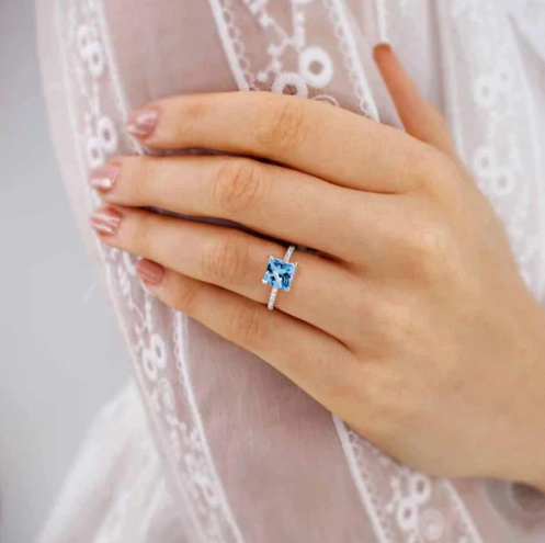 Ethical Sustainable Affordable Lab Grown Diamond, aqua spinel, aquamarine and natural diamond Engagement Rings UK