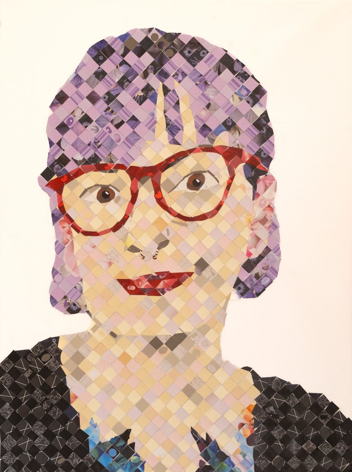 a bust self portrait made of 14 mm pieces of colored paper on canvas