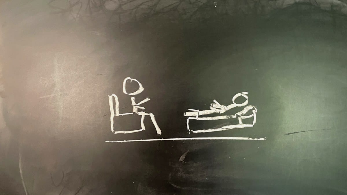 Chalkboard sketch of a mirror reflecting a founder figure, chalk text reading the pattern is the system on a black chalkboard.