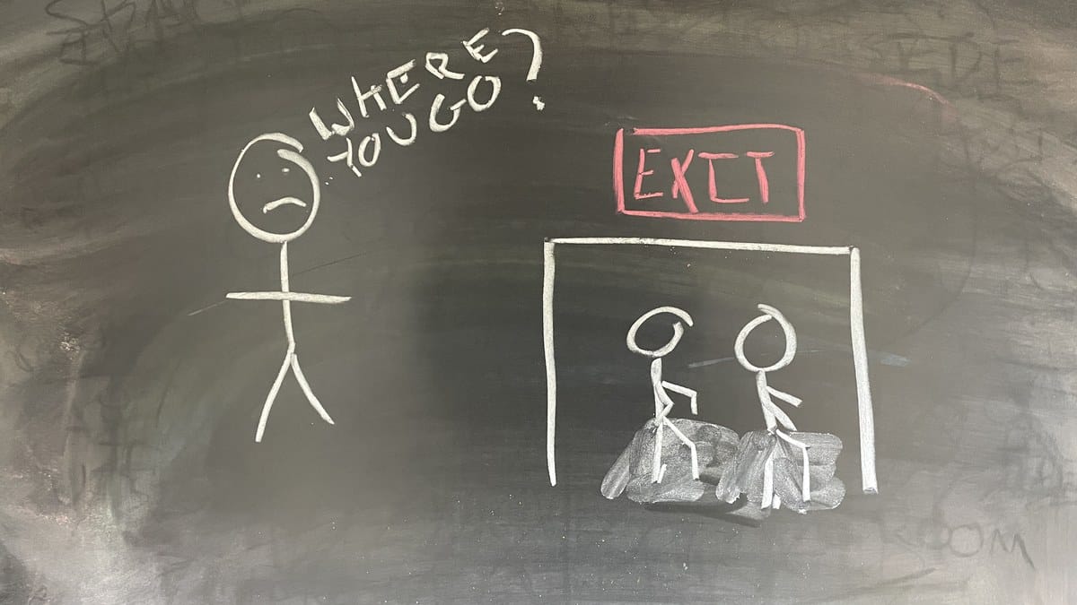 Chalk illustration of an empty chair at a leadership table, the figures around it still leaning toward where someone used to sit
