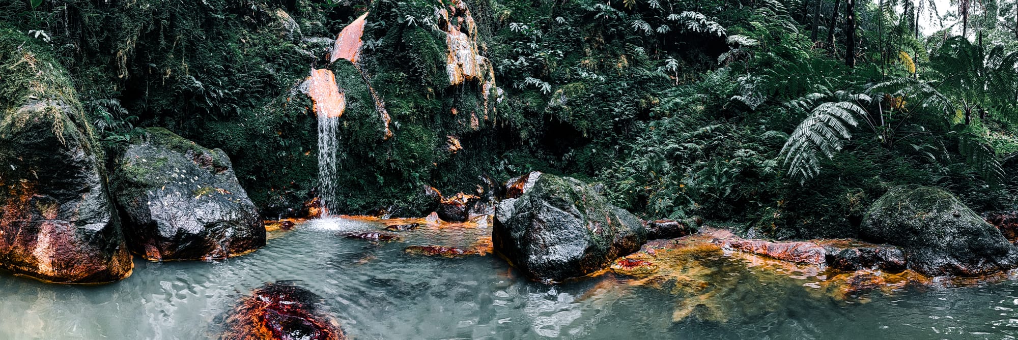 Cool freshwater pool at Caldeira Velha with a small waterfall flowing over mossy rocks, set against dense Azorean forest vegetation