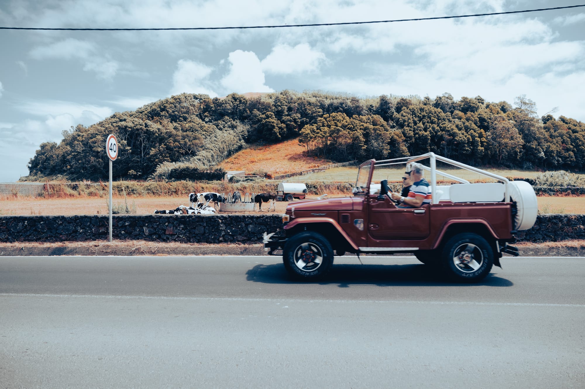 A red vintage jeep driving on a road in São Miguel with cows grazing in a pasture and a green hill in the background