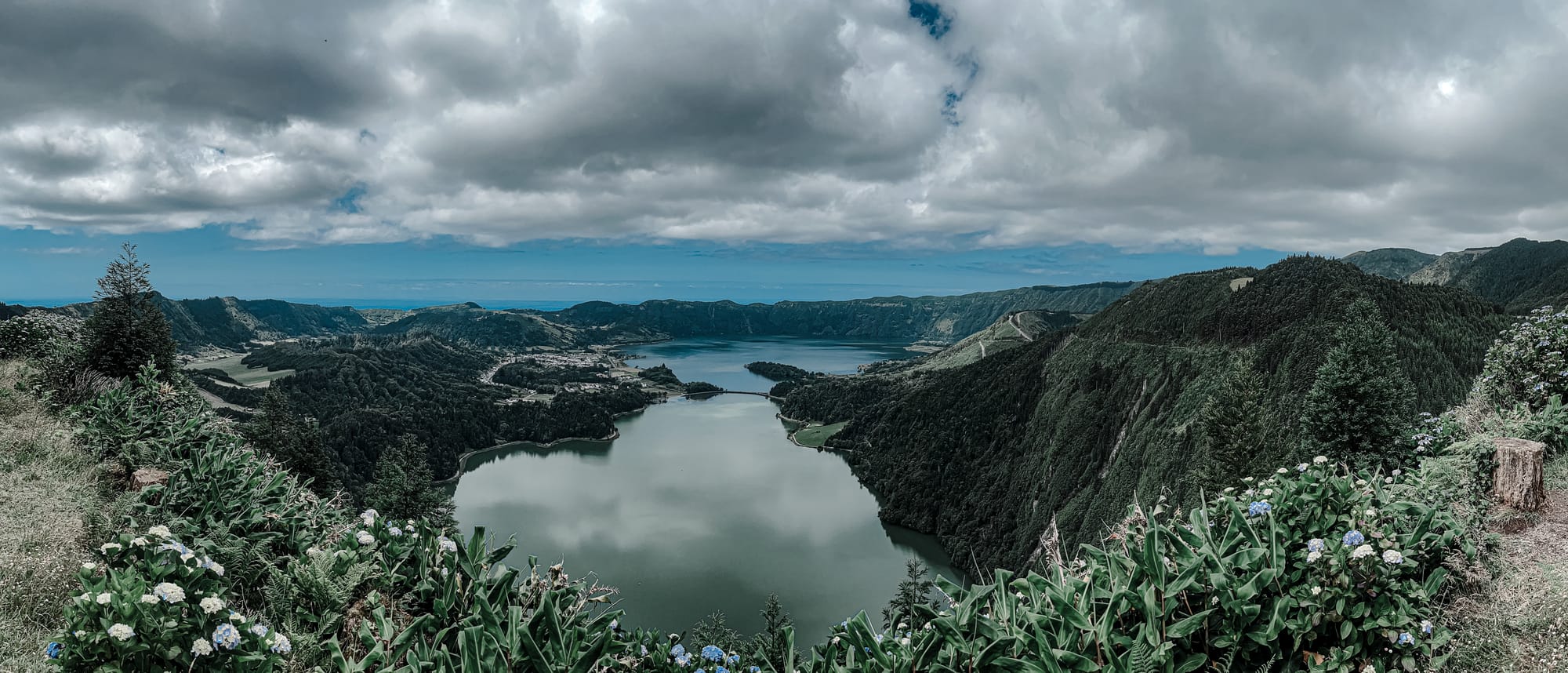 Wide view of twin lakes and crater walls of Sete Cidades framed by hydrangeas and native vegetation at Miradouro da Vista do Rei