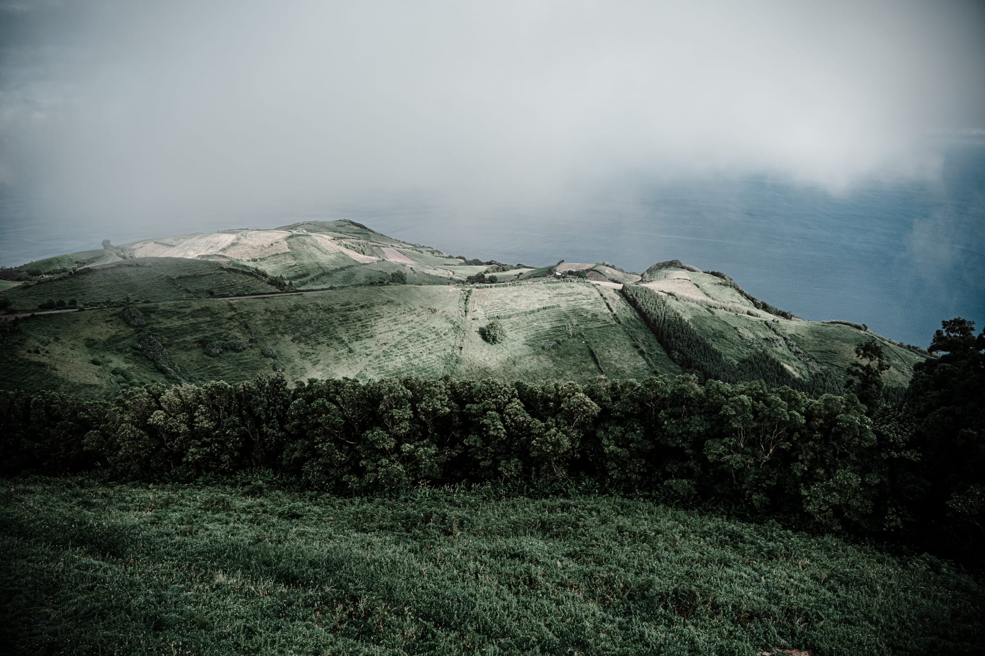Fog-draped coastline and green farmland viewed from a high cliff on São Miguel
