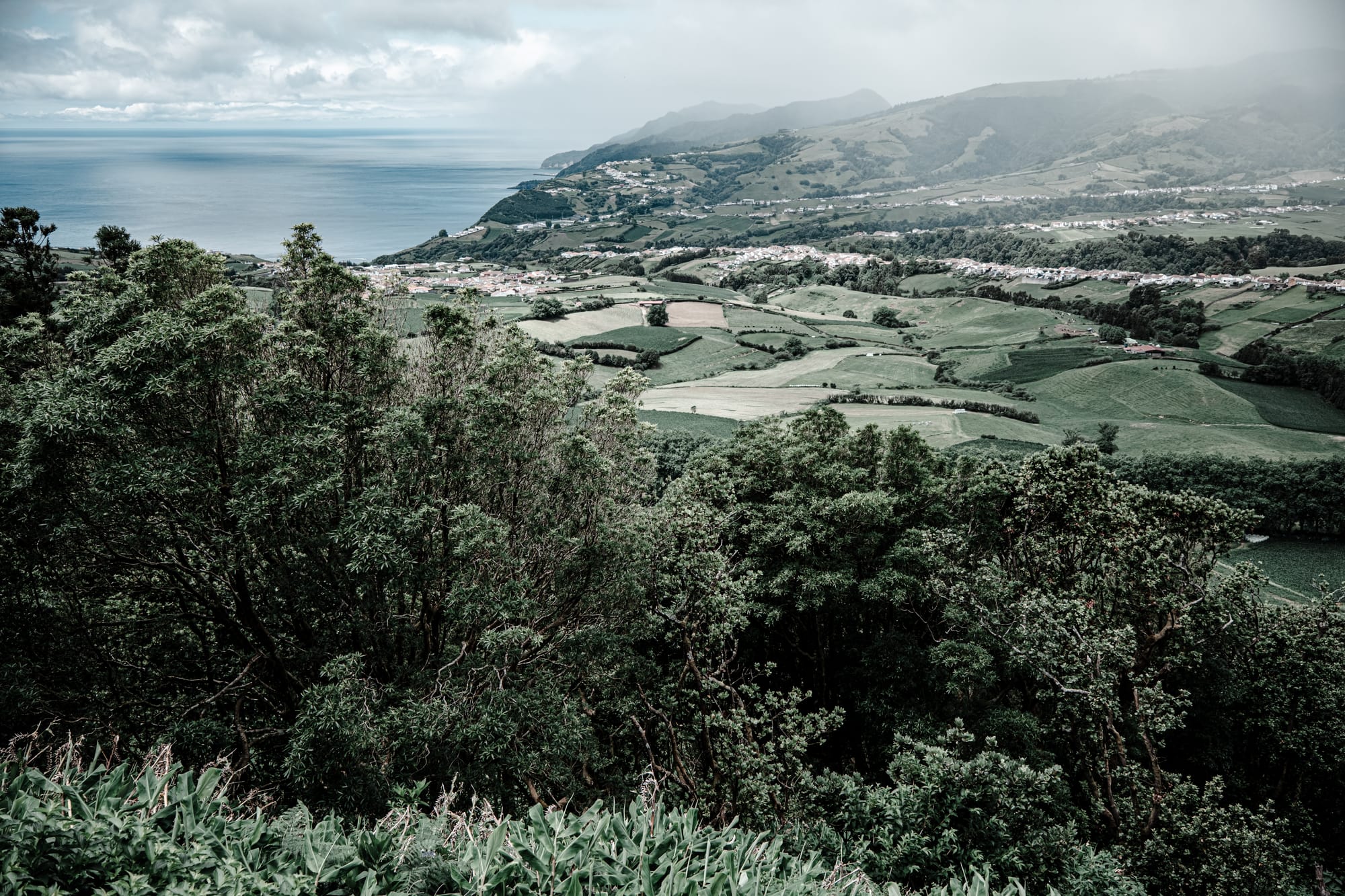 View from a high vantage point showing green fields, forest, villages, and coastline under cloud cover