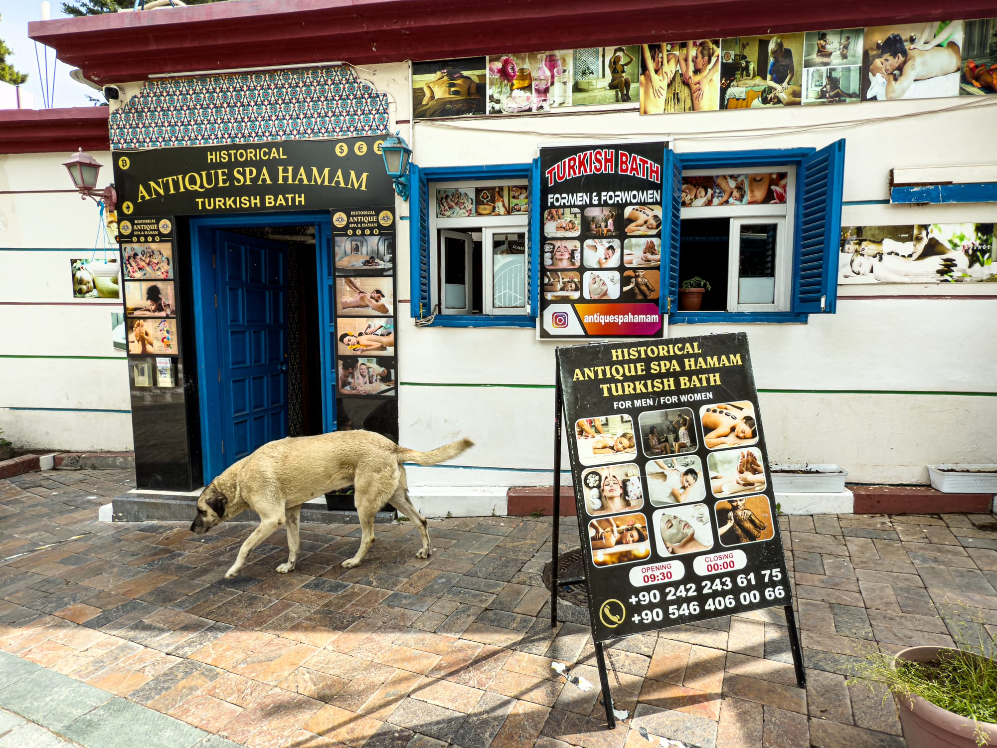 Entrance to the Historical Antique Spa Hamam in Antalya’s old town, with signage and a dog walking past