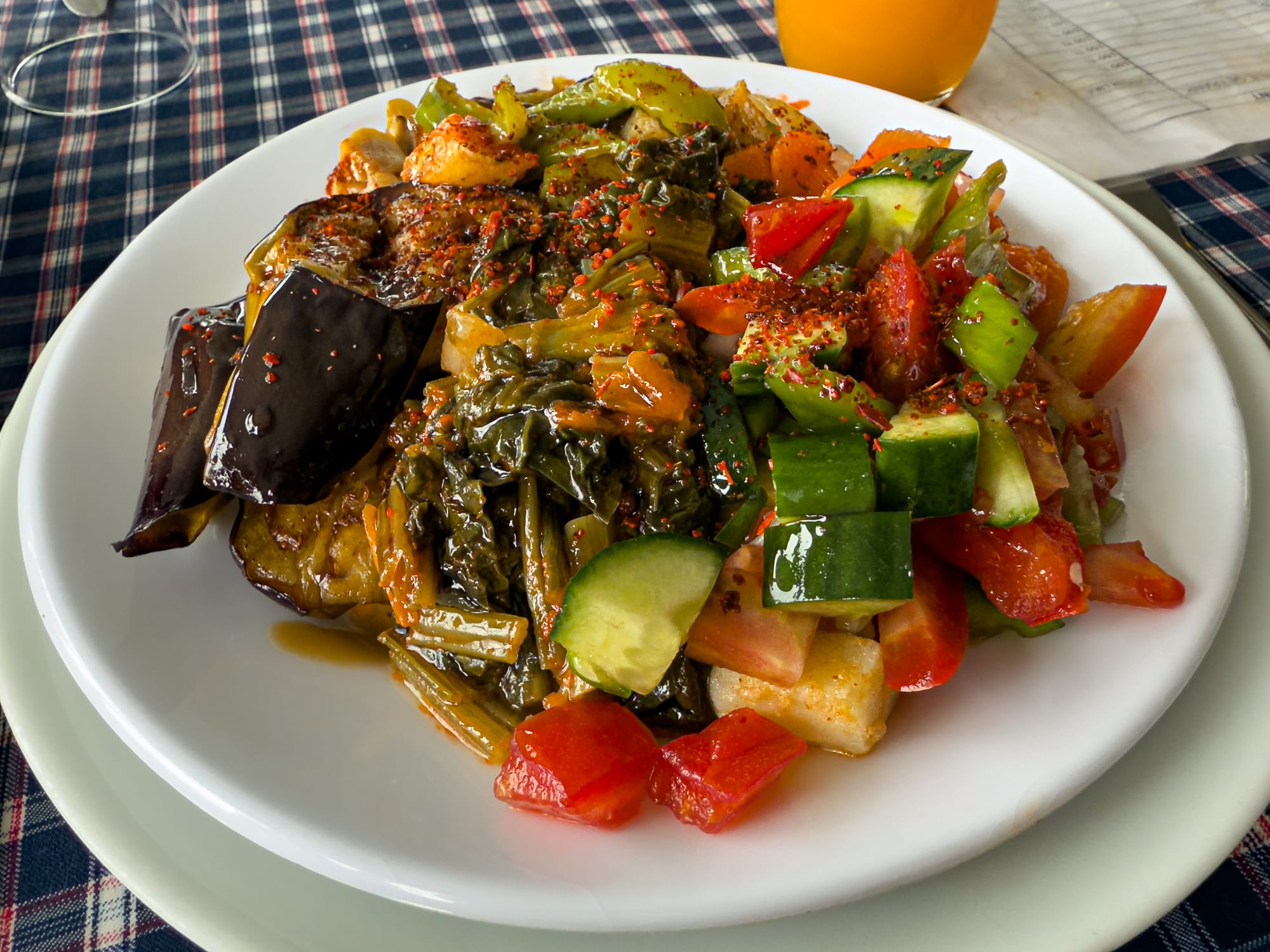 A classic Turkish zeytinyağlı spread—eggplant, greens, and peppers slow-cooked in olive oil