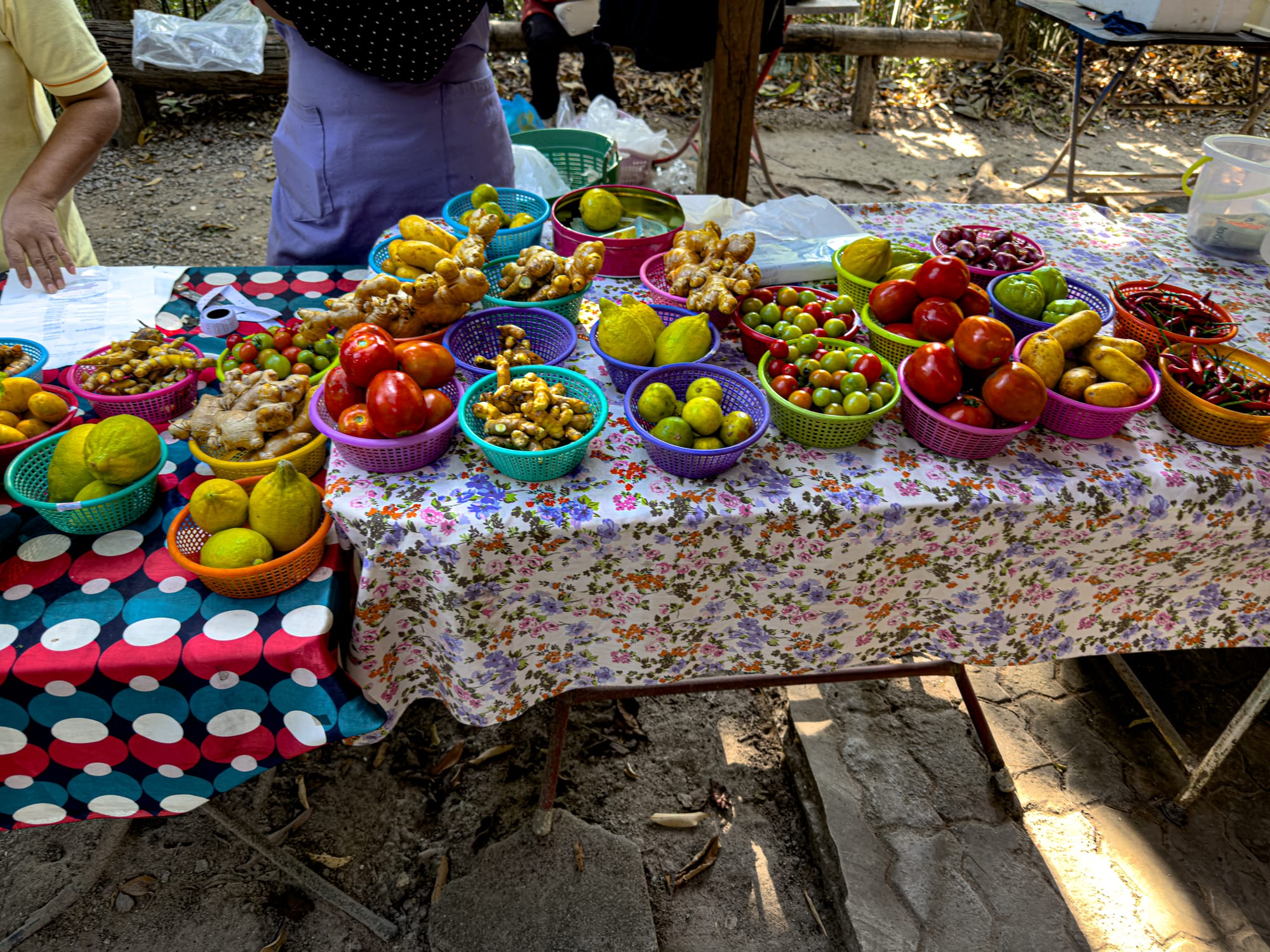 Display of assorted fruits and vegetables in woven baskets on patterned tablecloths at Bamboo Saturday Market in Chiang Mai