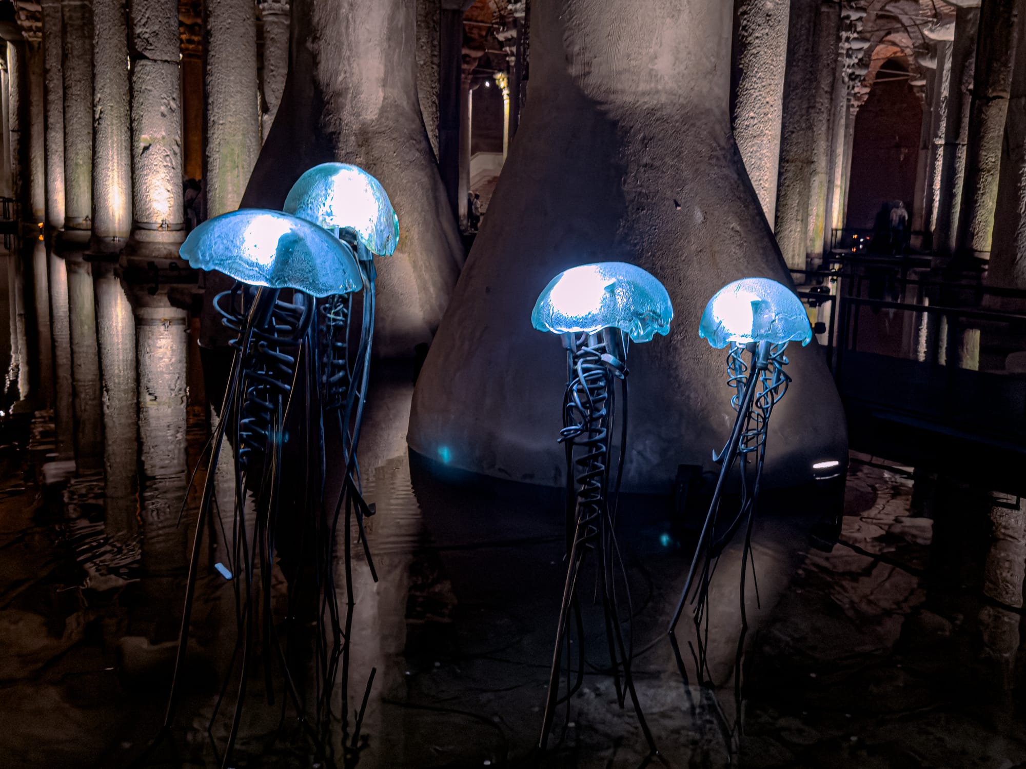 Five illuminated jellyfish sculptures in the Basilica Cistern, reflecting on the water among columns