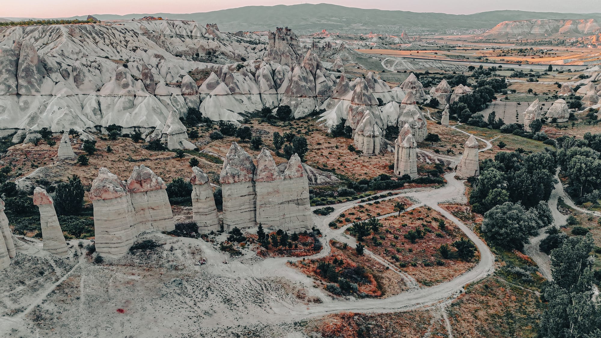 Aerial view of Love Valley in Cappadocia, Turkey, showing tall, pillar-like fairy chimneys rising from the valley floor