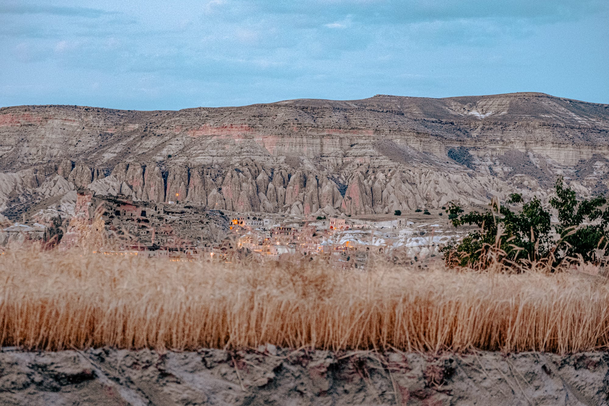 View of Çavuşin village in Cappadocia at dusk with illuminated buildings, framed by a foreground of golden wheat and backed by rugged rock formations