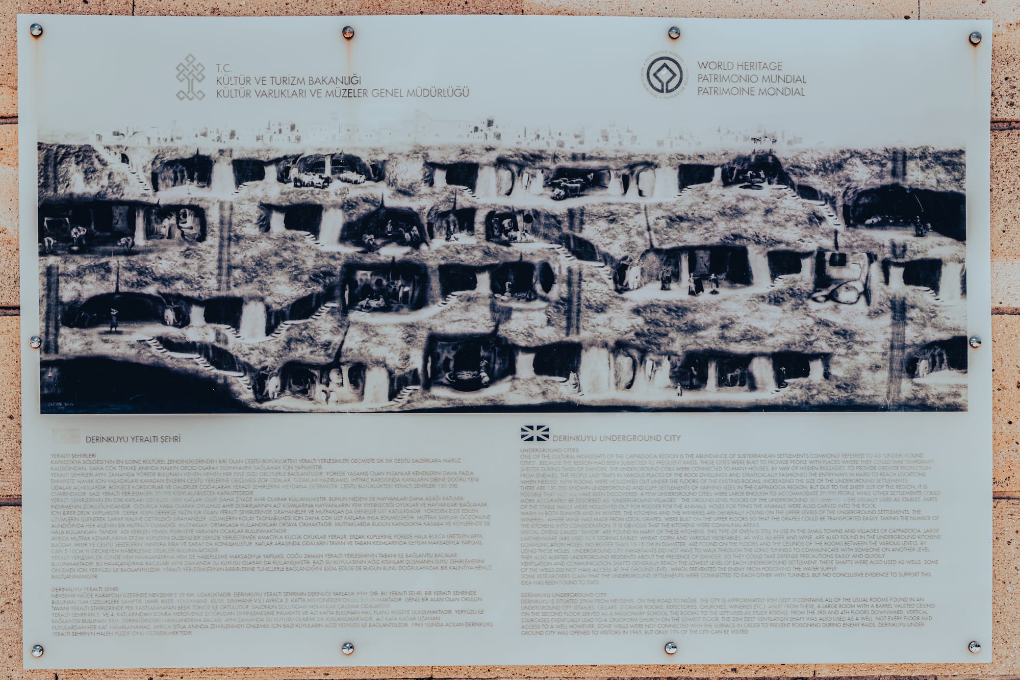 Informational signboard with diagram and text explaining the layout, history, and significance of Derinkuyu Underground City in Cappadocia