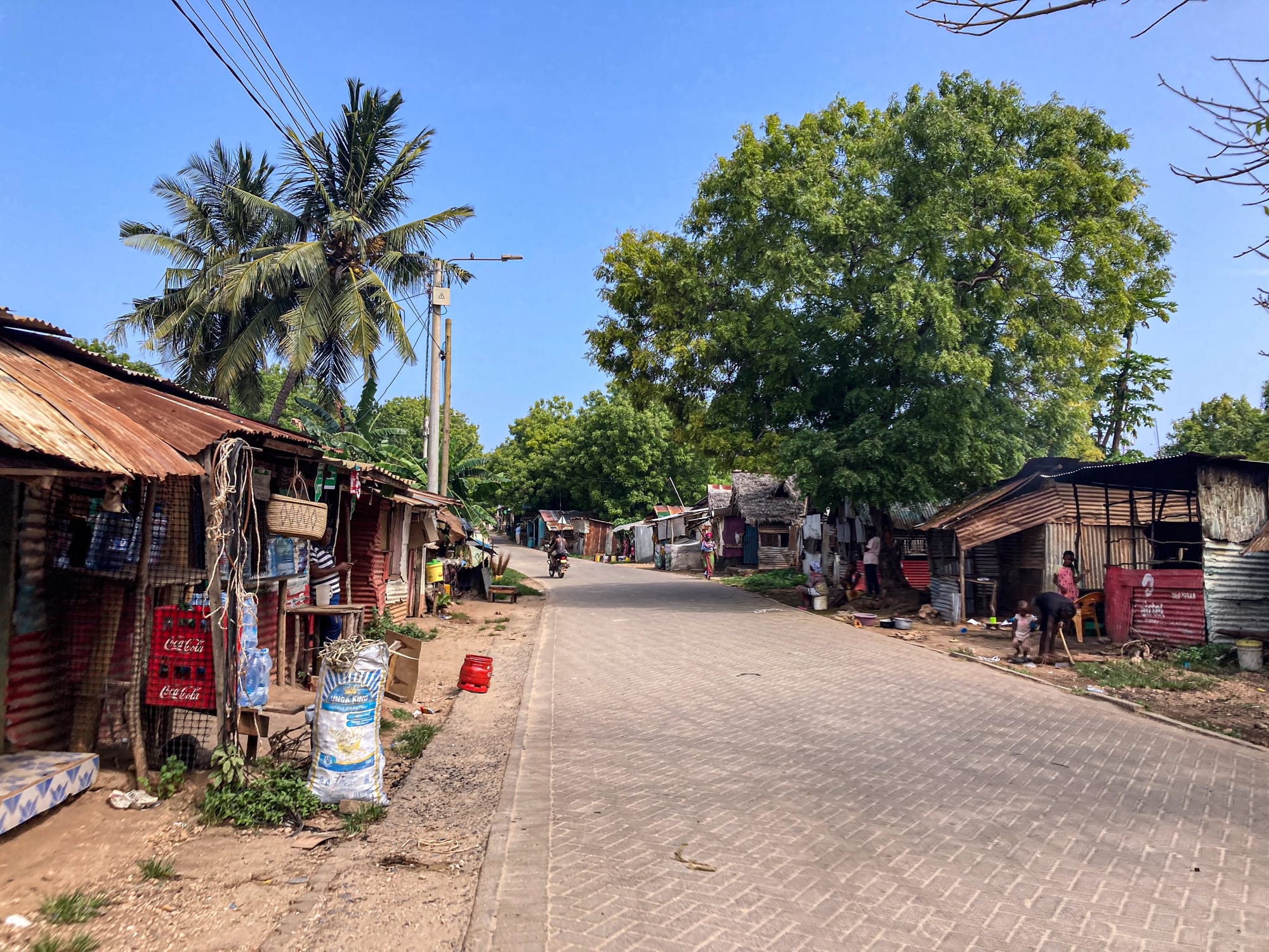 Street view in Diani showing simple tin-roof shops and houses along a paved road, with locals going about their day beneath tall palm trees and a bright blue sky
