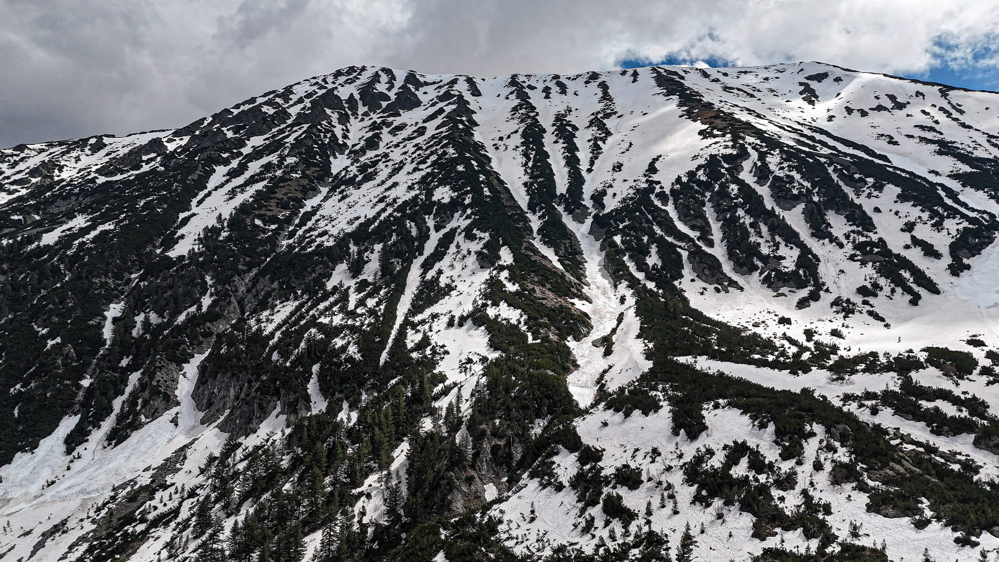 Snow-covered peak in the Pirin Mountains with dark ridges and pine forests exposed beneath streaks of melting snow, under a dramatic cloudy sky