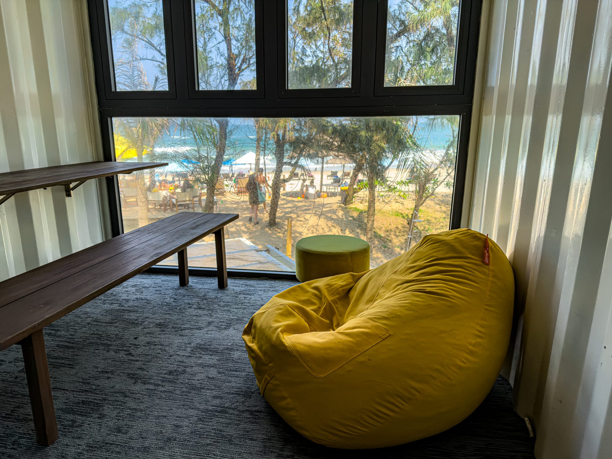 Beanbag seating with ocean view at Hít Hà Cafe Hội An coworking space for digital nomads