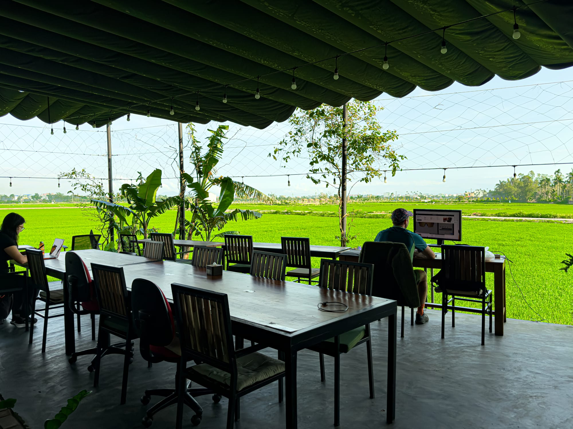 Hub Hoi An coworking space in Vietnam for digital nomads, remote workers at desks overlooking rice fields