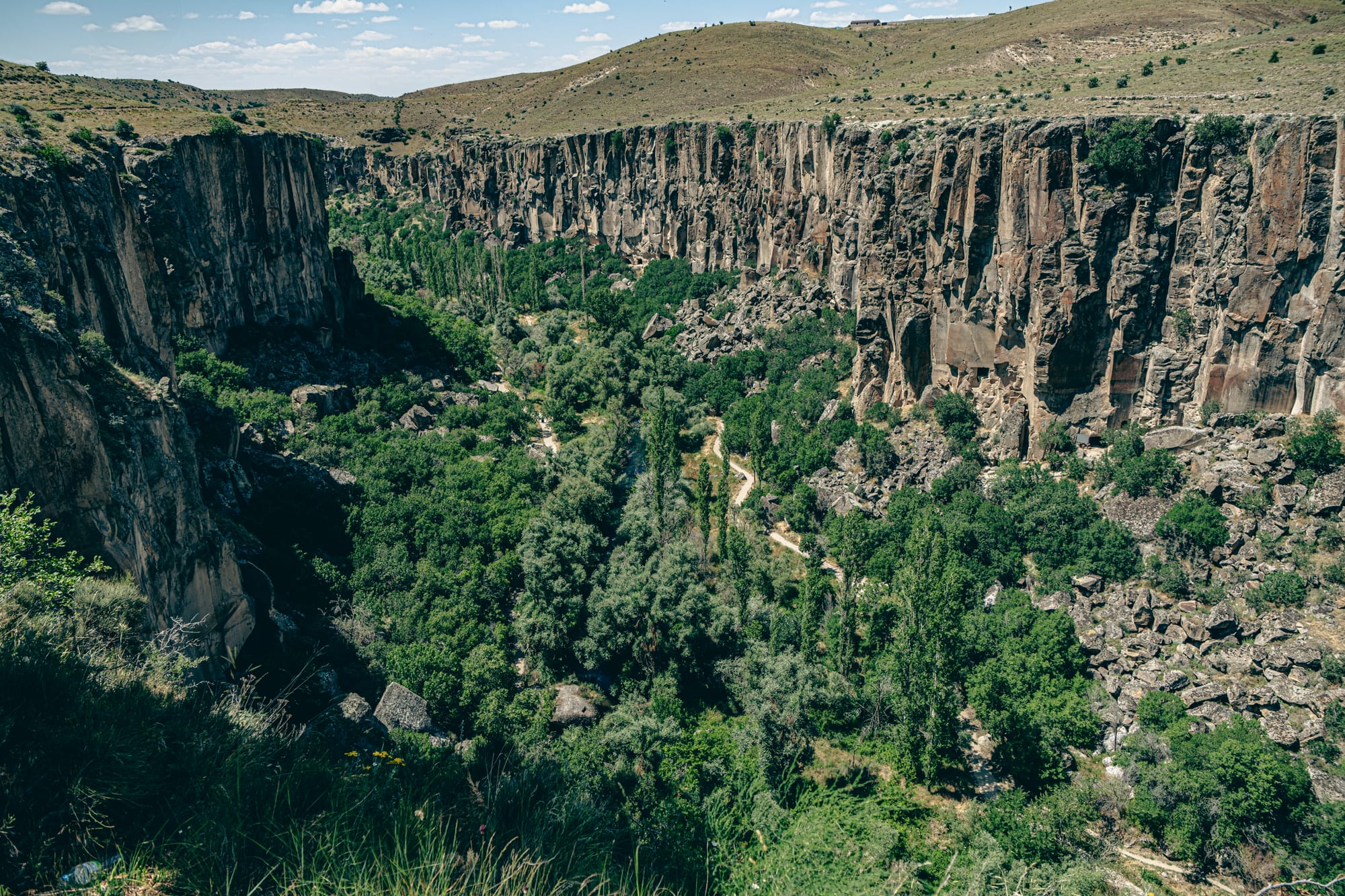 Panoramic view of Ihlara Valley showing green vegetation along the riverbed between steep rock cliffs