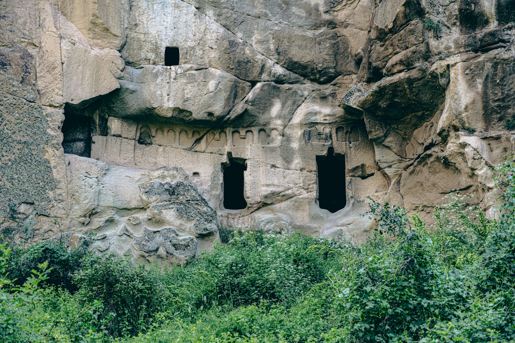 Close-up of rock-cut openings and decorative carvings on a cliff face in Ihlara Valley, surrounded by dense green vegetation