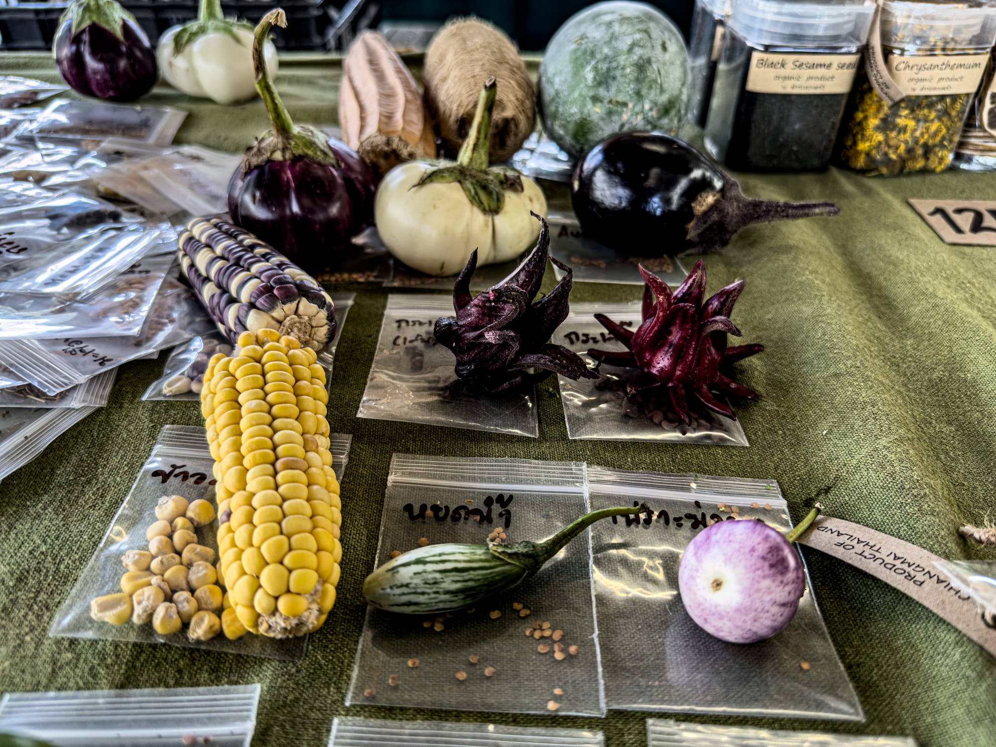 Display of colorful organic seeds and produce at Jing Jai Market in Chiang Mai, including corn, eggplant, roselle, and seed packets laid out on a green cloth