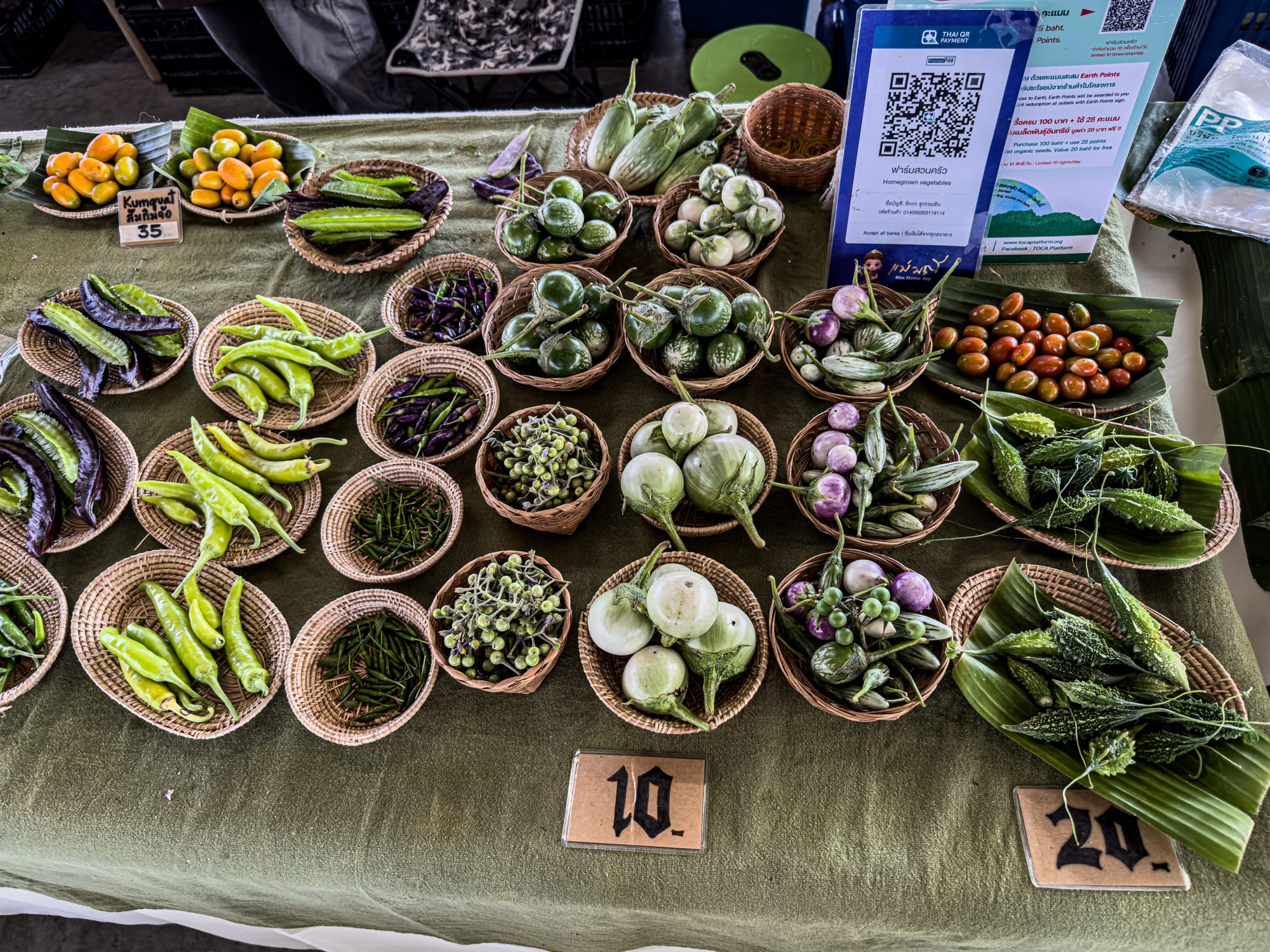 Top view of a market stall at Jing Jai Market with woven baskets filled with fresh produce such as green and purple eggplants, red and green chilies, bitter gourds, tomatoes, and kumquats