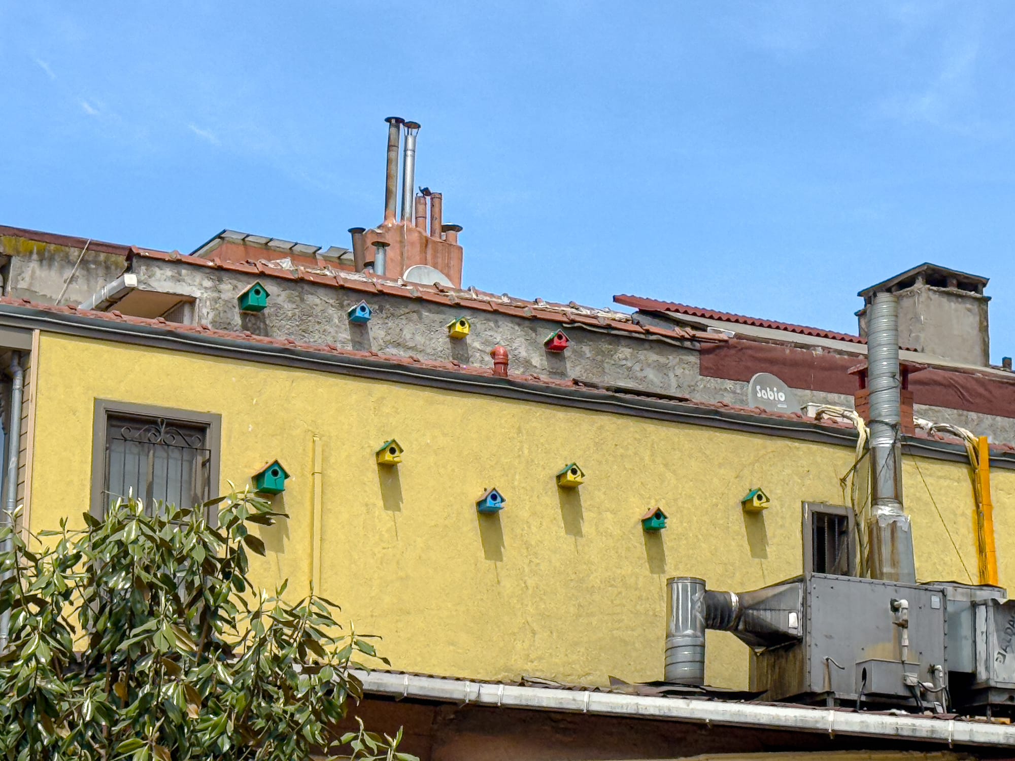 A yellow building facade in Kadıköy adorned with a row of multicolored birdhouses, with additional birdhouses lining the rooftop above—set against a clear blue sky