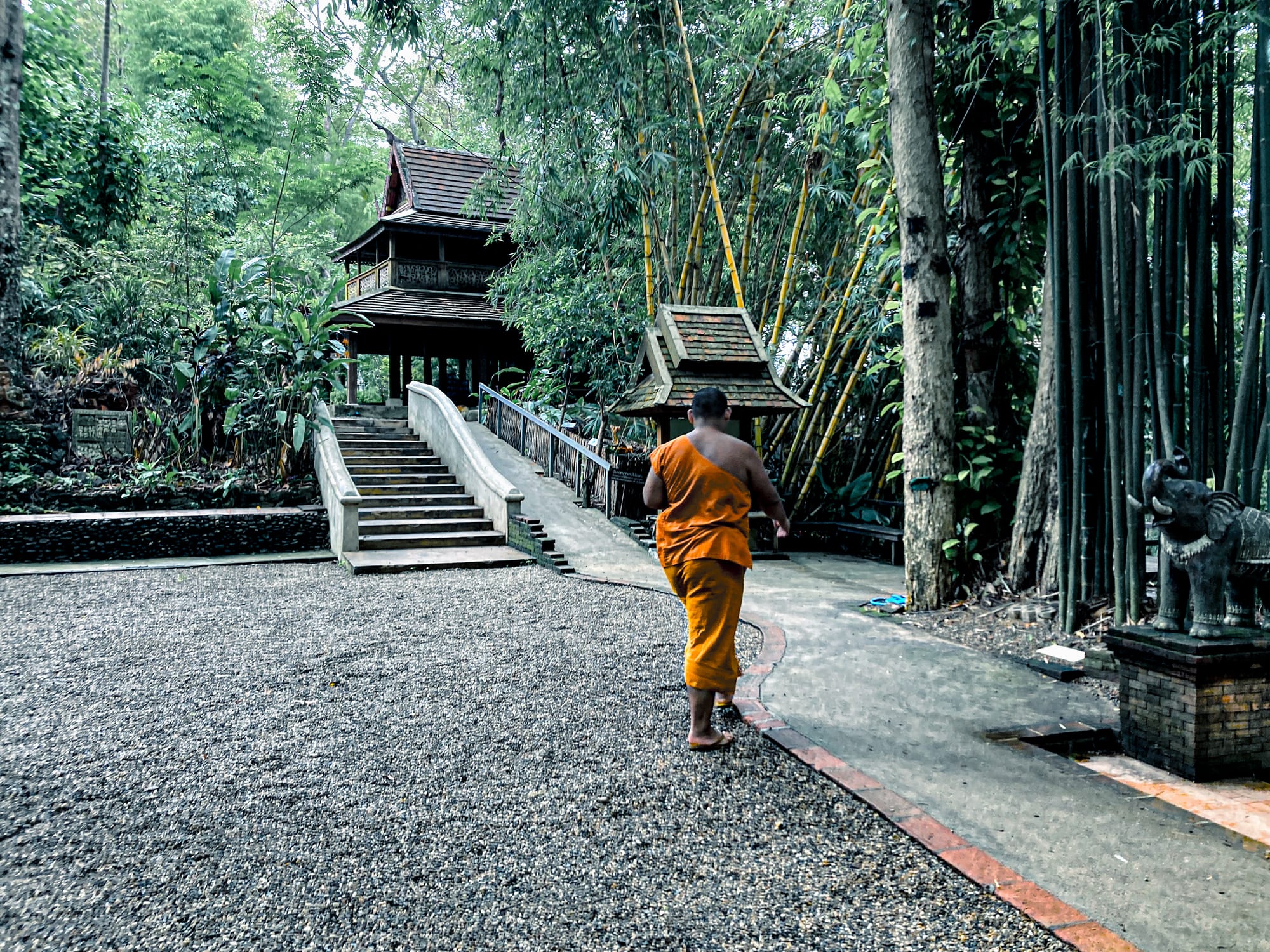 A Buddhist monk dressed in orange robes walks barefoot along a stone path surrounded by bamboo and greenery, with a wooden temple building visible ahead at Wat Pha Lat on the Monk’s Trail in Chiang Mai