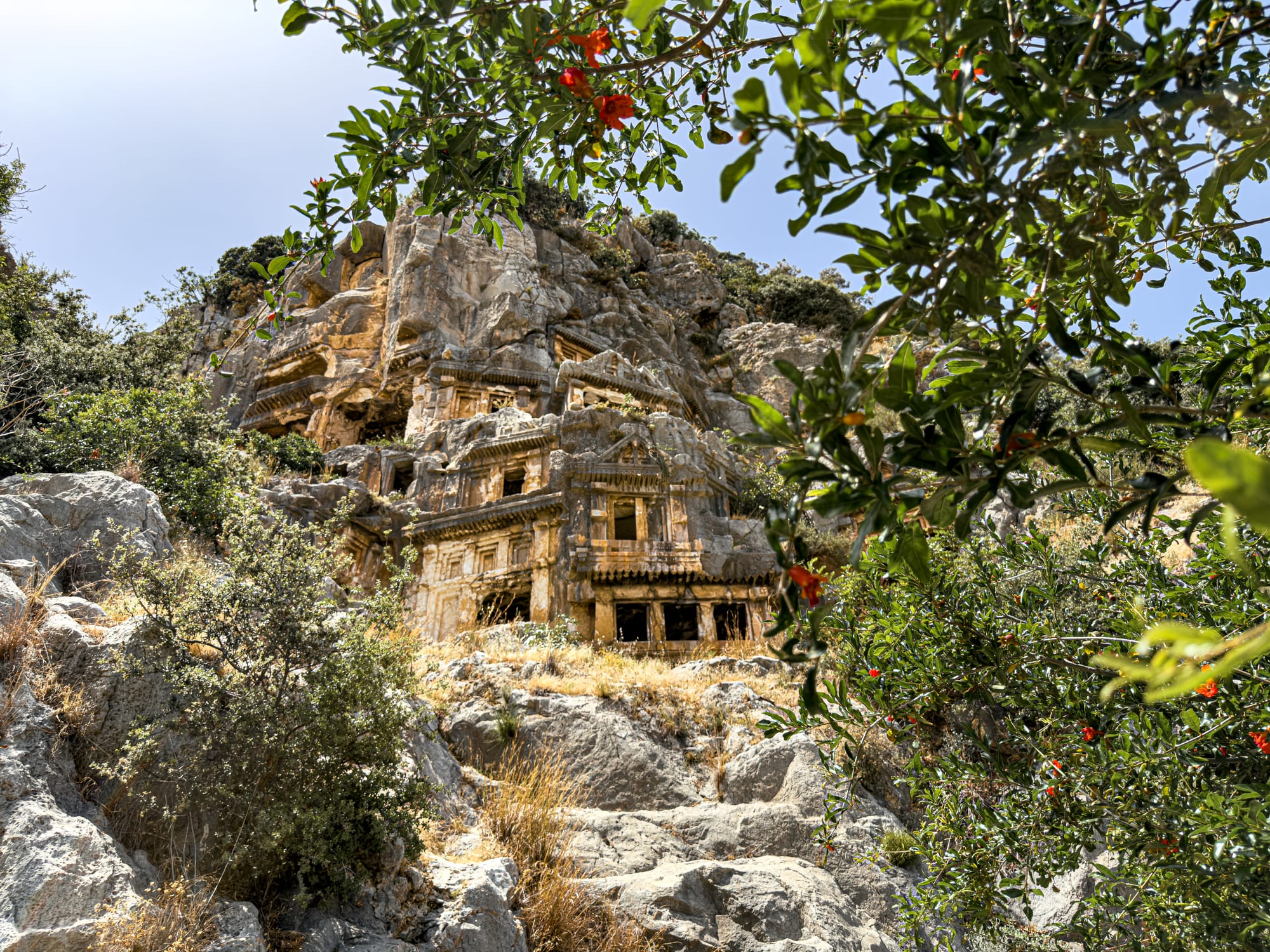 Rock-cut Lycian tombs at the archaeological site of Myra in Demre, Turkey, viewed through pomegranate trees and native Mediterranean plants