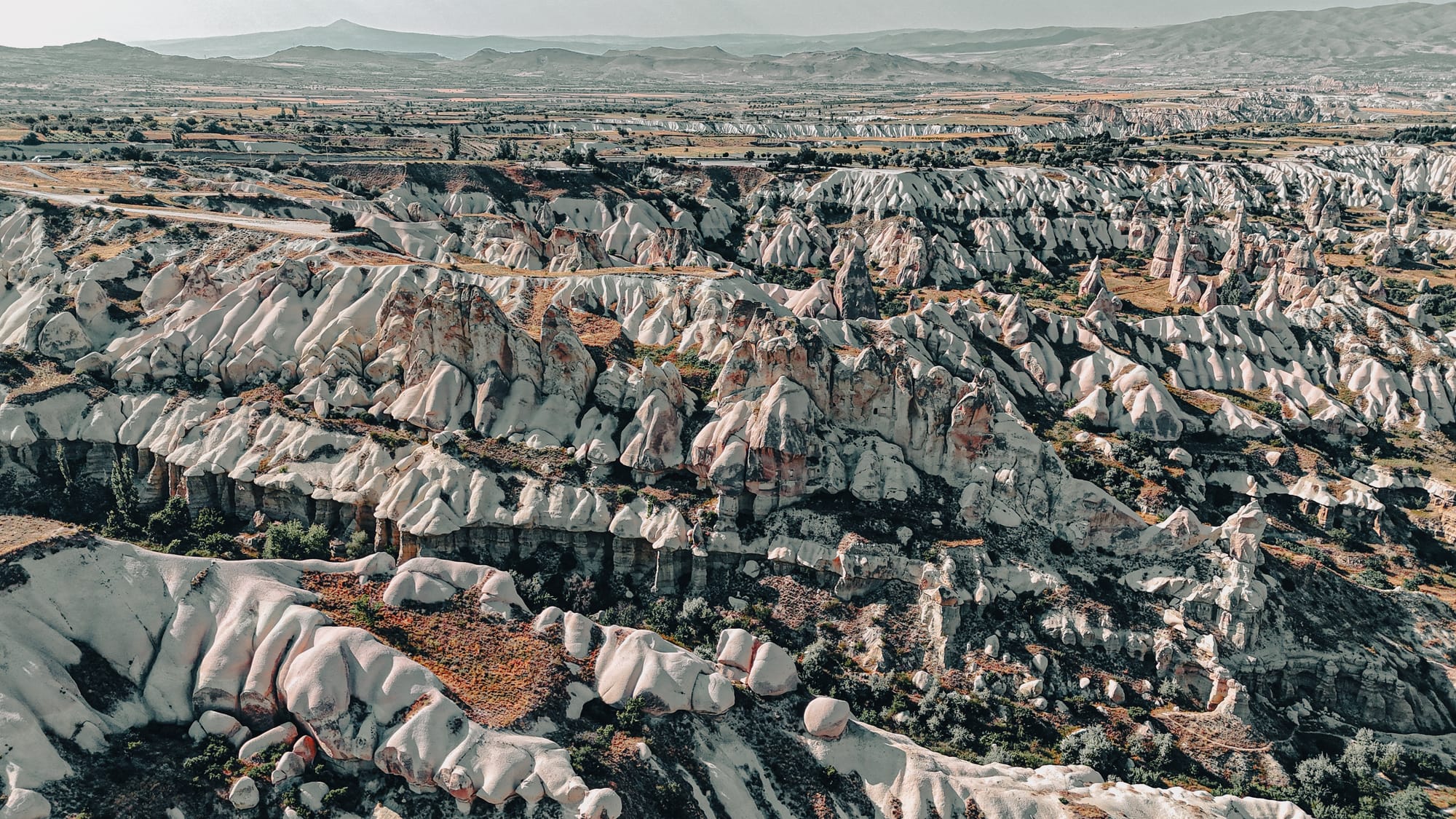 Aerial view of White Valley in Cappadocia, showing expansive ridges of pale volcanic tuff with smooth, rounded formations, interspersed with vegetation and surrounded by distant mountains