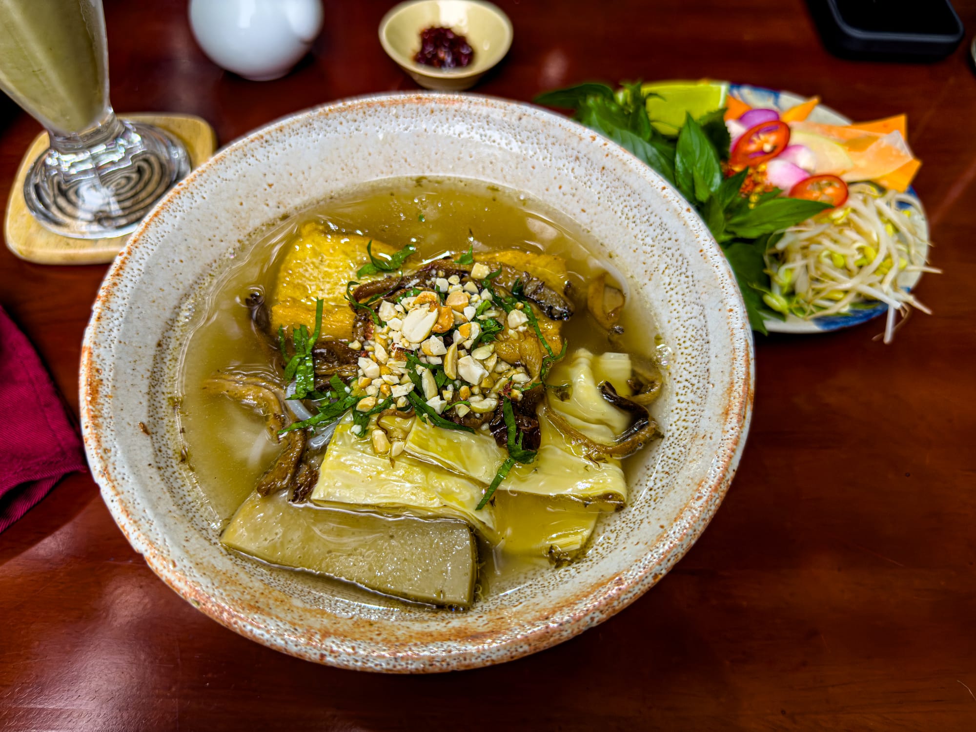 Close-up of a bowl of vegan phở