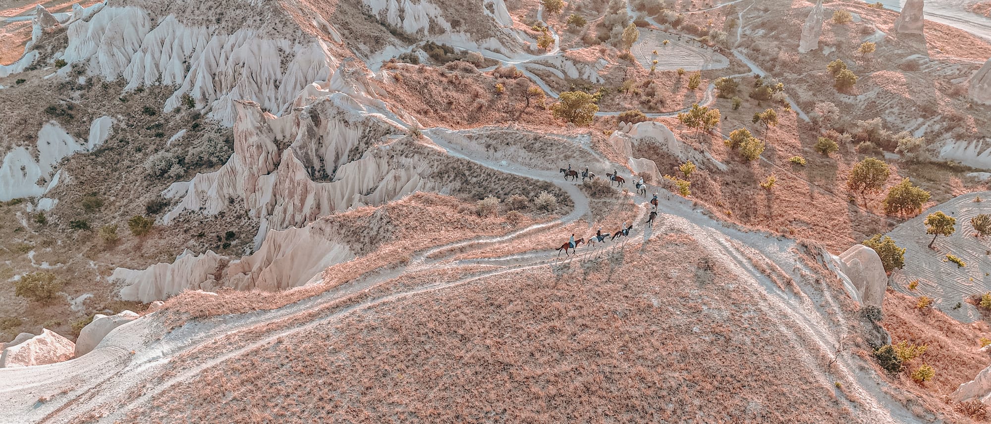A high-angle aerial view of a group of horseback riders following a winding dirt trail through the pink-tinged ridges and jagged rock formations of Cappadocia’s Red and Rose Valleys, with scattered green trees dotting the golden-brown terrain