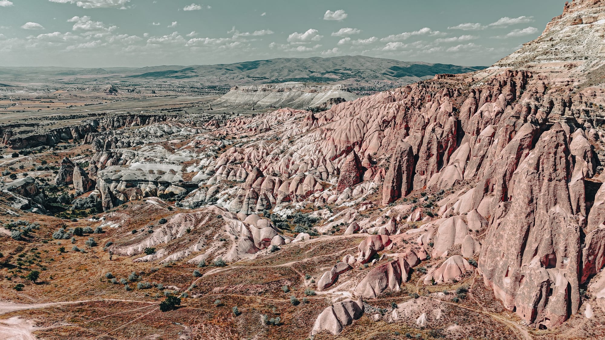 Aerial drone shots of Red and Rose Valleys in Cappadocia