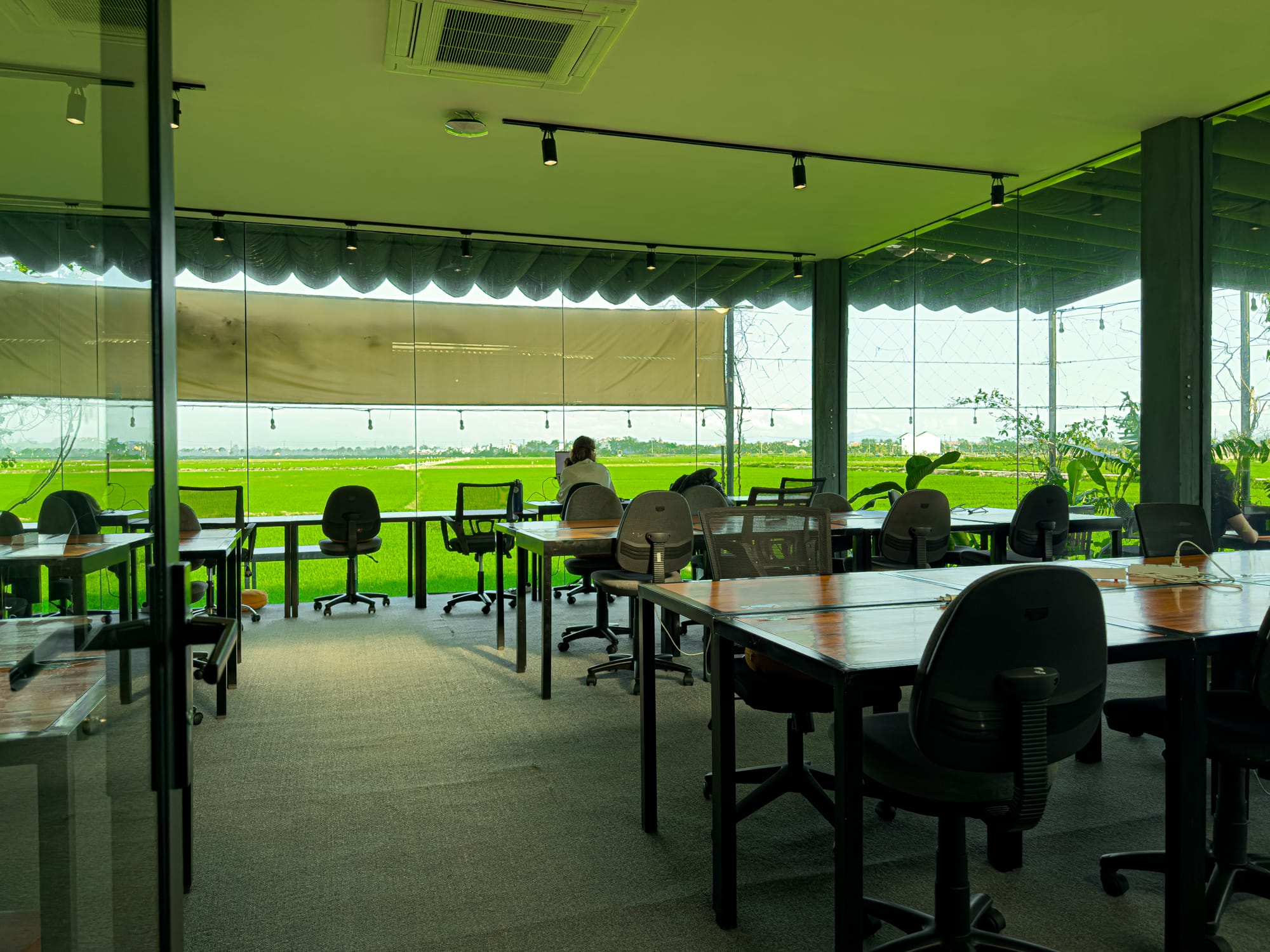 Coworking space interior at Hub Hoi An with large windows overlooking lush green rice fields, combining remote work with Vietnam’s countryside views