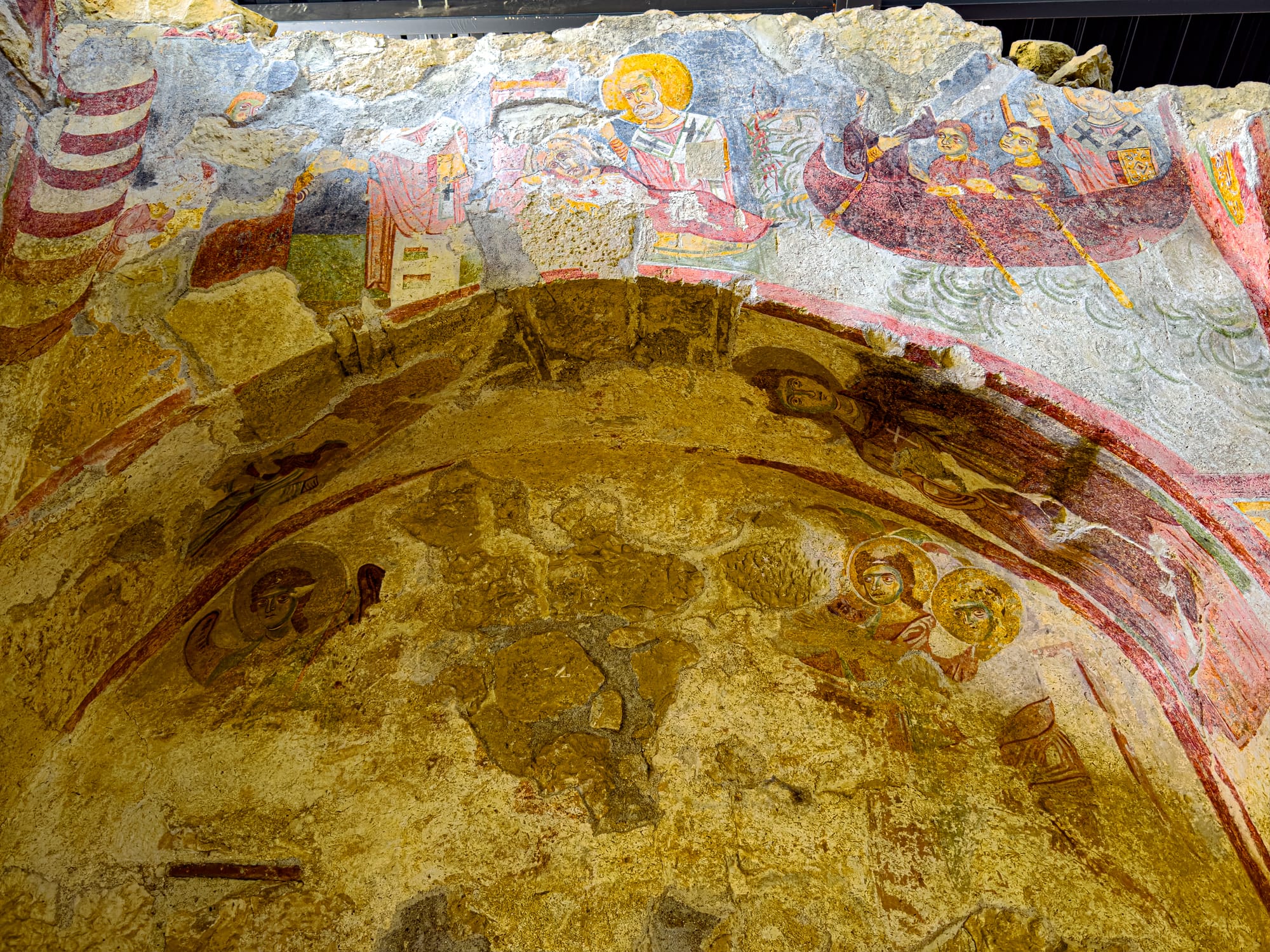 Fresco showing Saint Nicholas rescuing sailors, with vivid sea and boat imagery inside Church of Saint Nicholas in Demre, Turkey