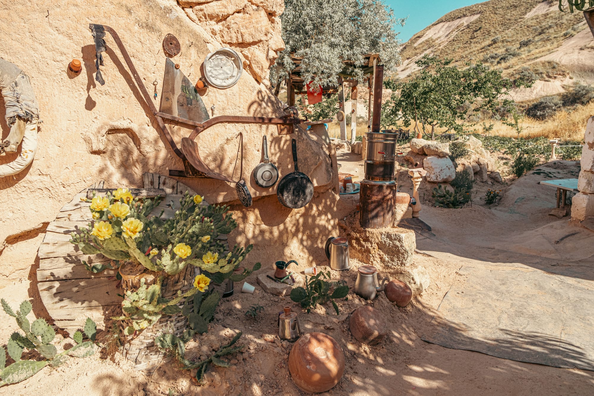Courtyard scene at Tarihi Ev Historical House in Çavuşin, Cappadocia, featuring yellow-blooming cactus in a woven basket, rustic cooking pans and utensils hanging on a stone wall, traditional metal kettles scattered on the ground, and a samovar set against a backdrop of hills and open landscape