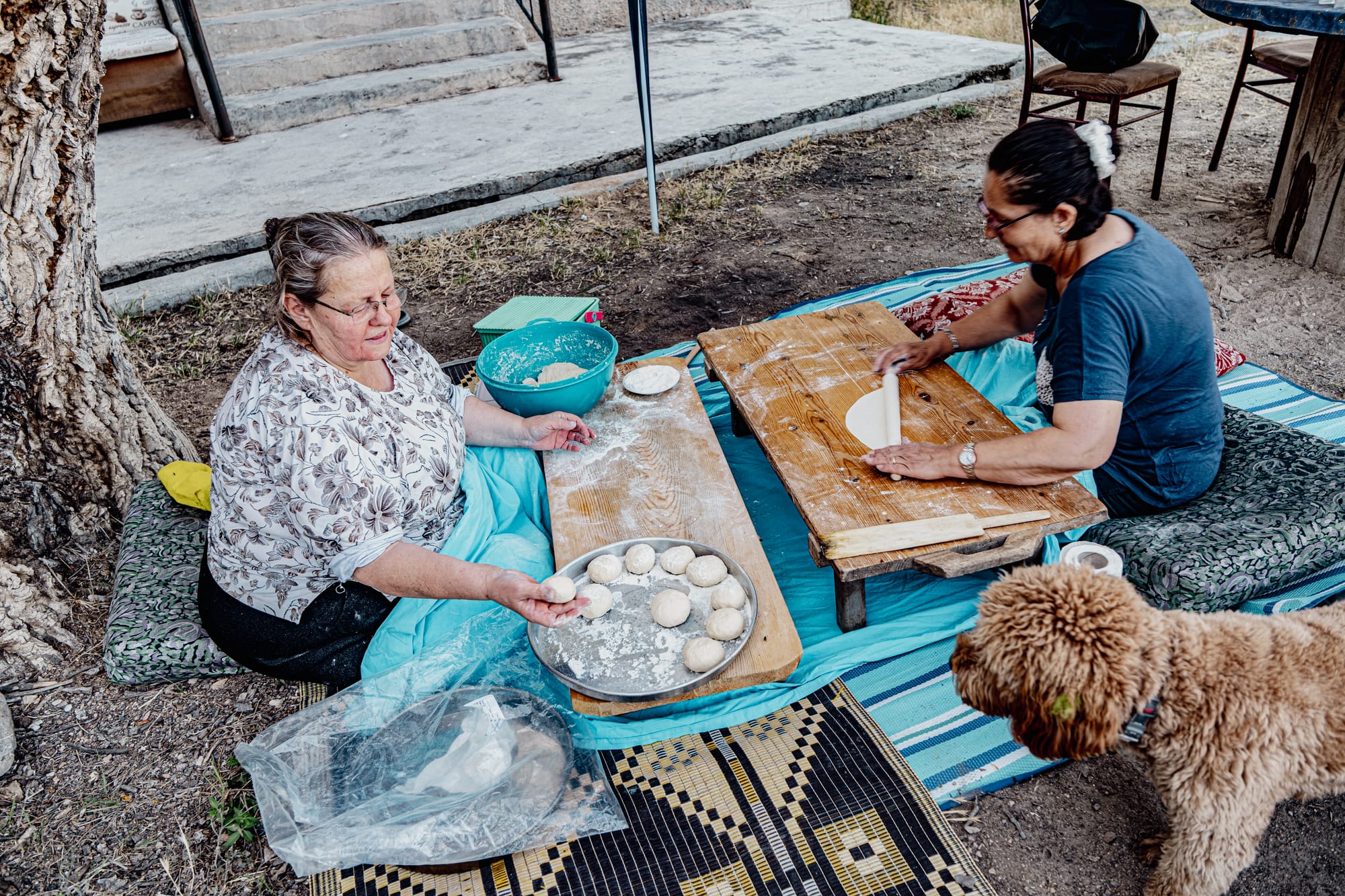 Two women sit on mats outdoors in a rural Cappadocian setting, one holding a tray of rolled dough balls and the other rolling out dough for gözleme on a wooden board, with a curious dog watching nearby