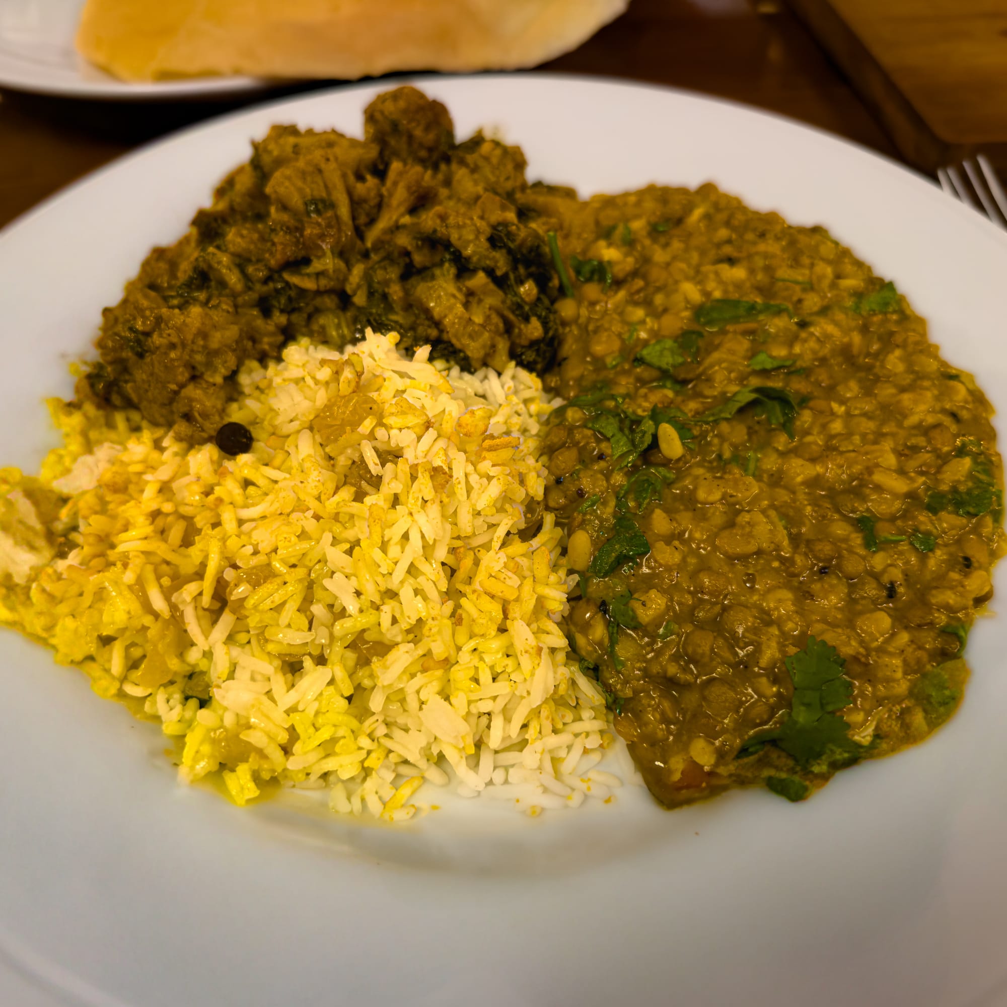 Close-up of a plate from Avalon Coliving’s curry night in Bansko, featuring yellow basmati rice, a lentil dal with fresh cilantro, and a rich vegetable curry