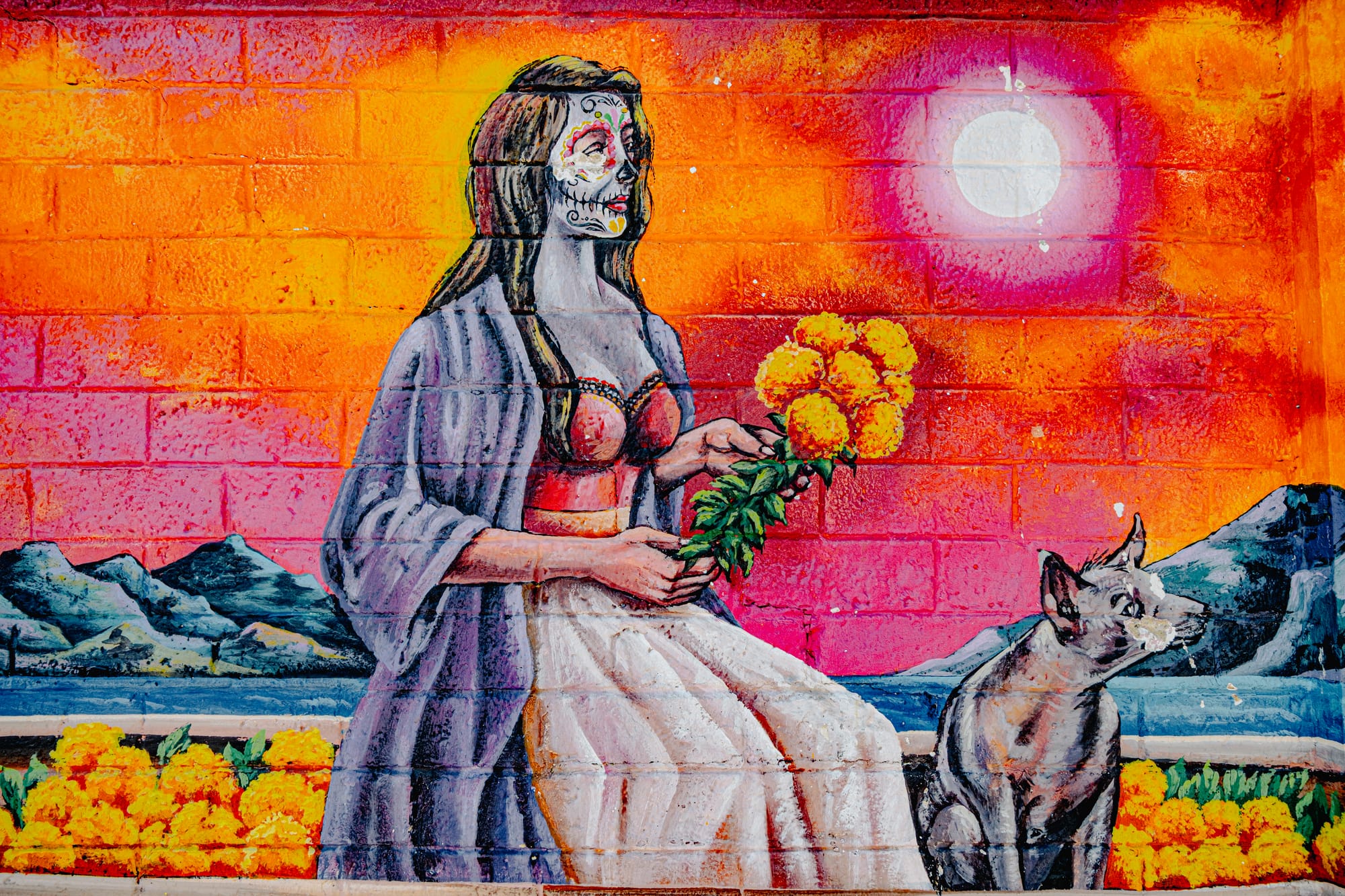 A mural in San Cristóbal de las Casas showing a skeletal woman in traditional dress holding marigolds beside a Xoloitzcuintli dog, set against a vivid orange and pink sunset, symbolizing guidance and remembrance in Mexico’s Day of the Dead tradition