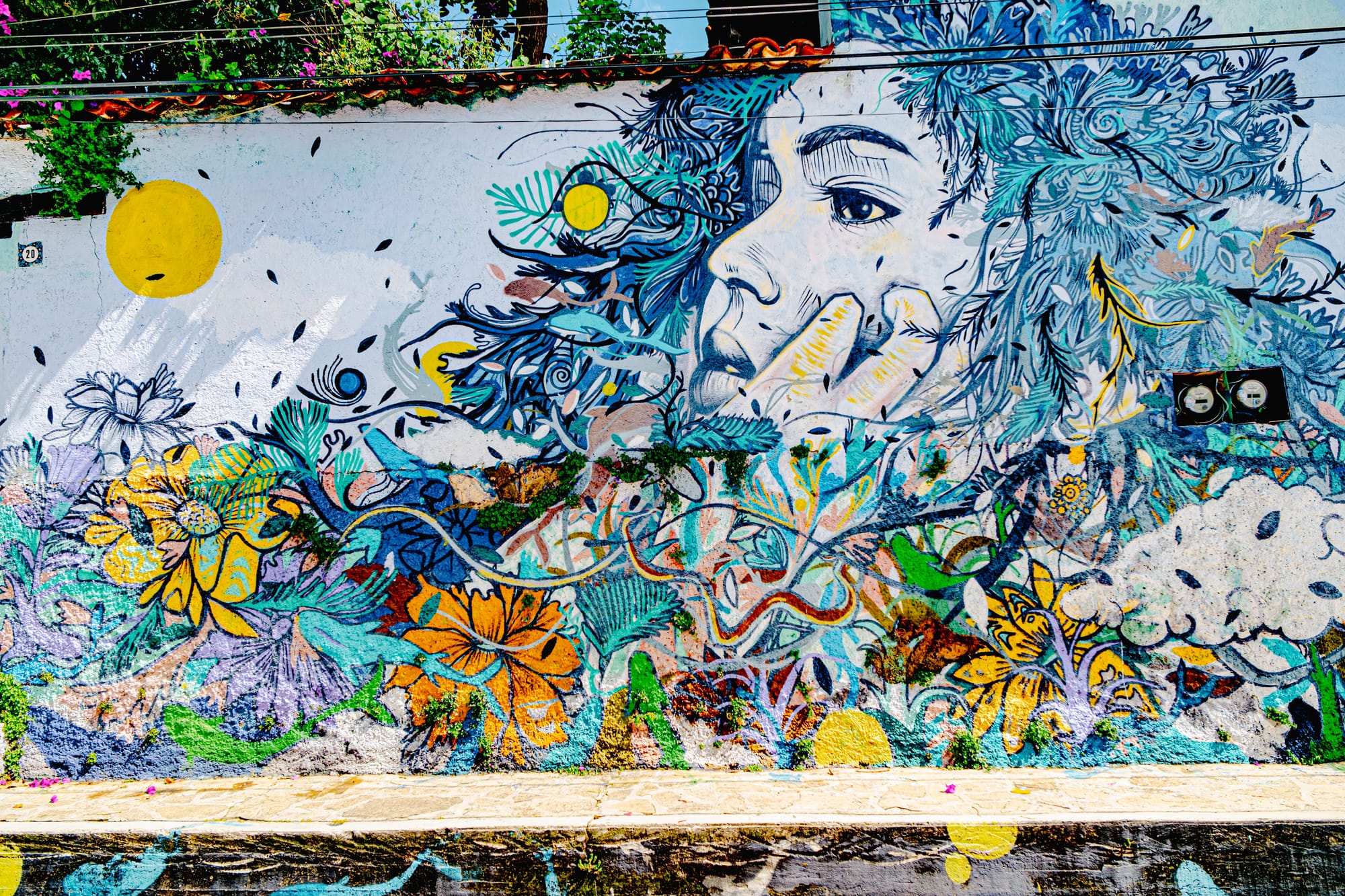 A large, intricate mural in El Cerrillo, San Cristóbal de las Casas, featuring a woman’s contemplative face surrounded by flowing blue hair that merges with leaves, vines, and brightly colored flowers, symbolizing the harmony between humanity and the natural world